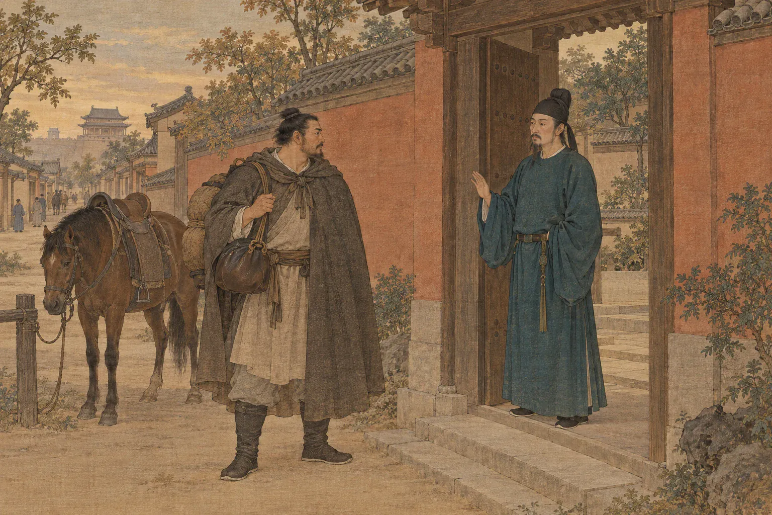蒋师仁换上便装背着行囊，在王玄策府门前辞行赴陇右守边。