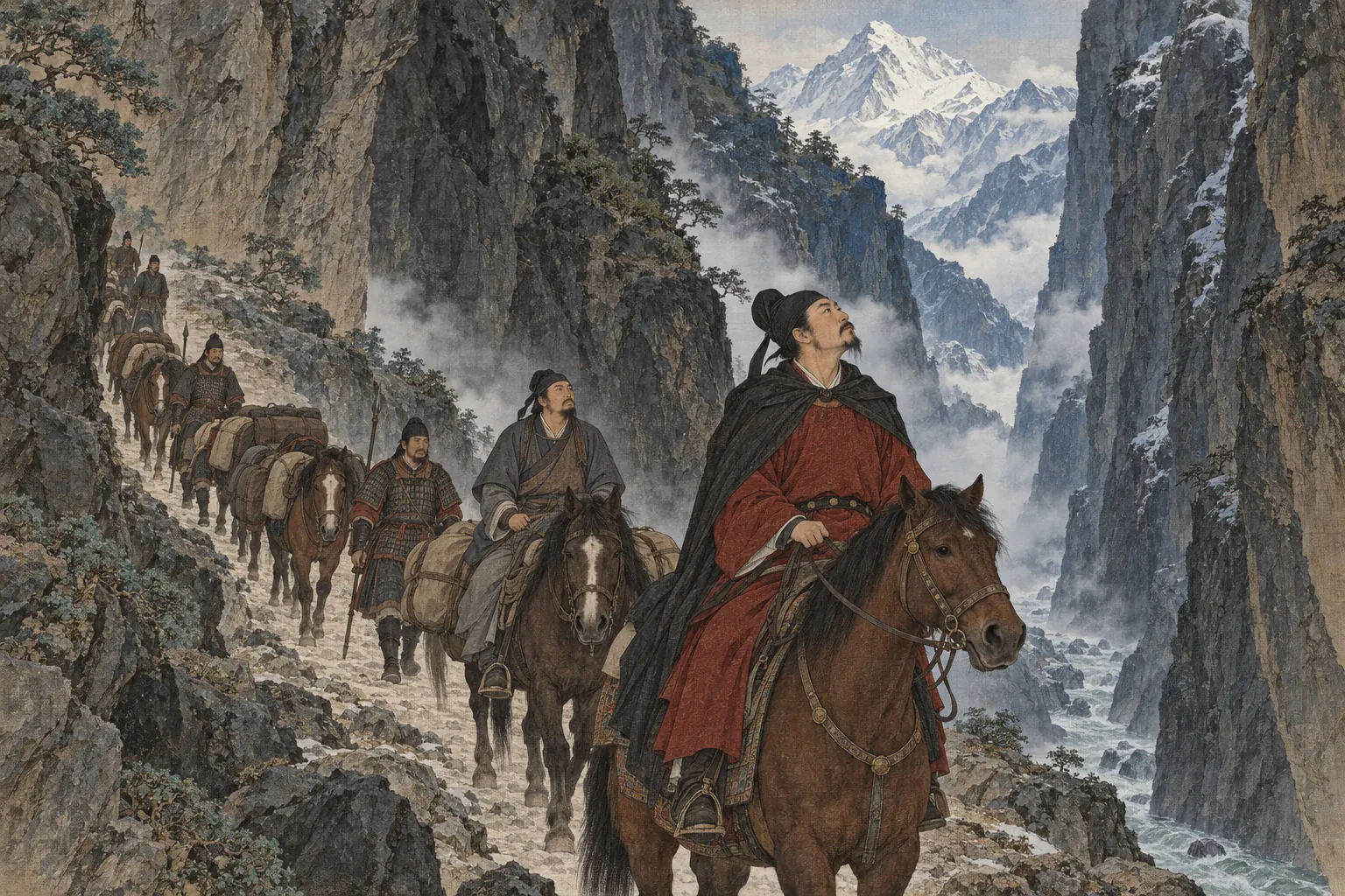 王玄策在吐蕃吉隆沟勒马仰望两侧悬崖，使团沿一线峡道延伸。