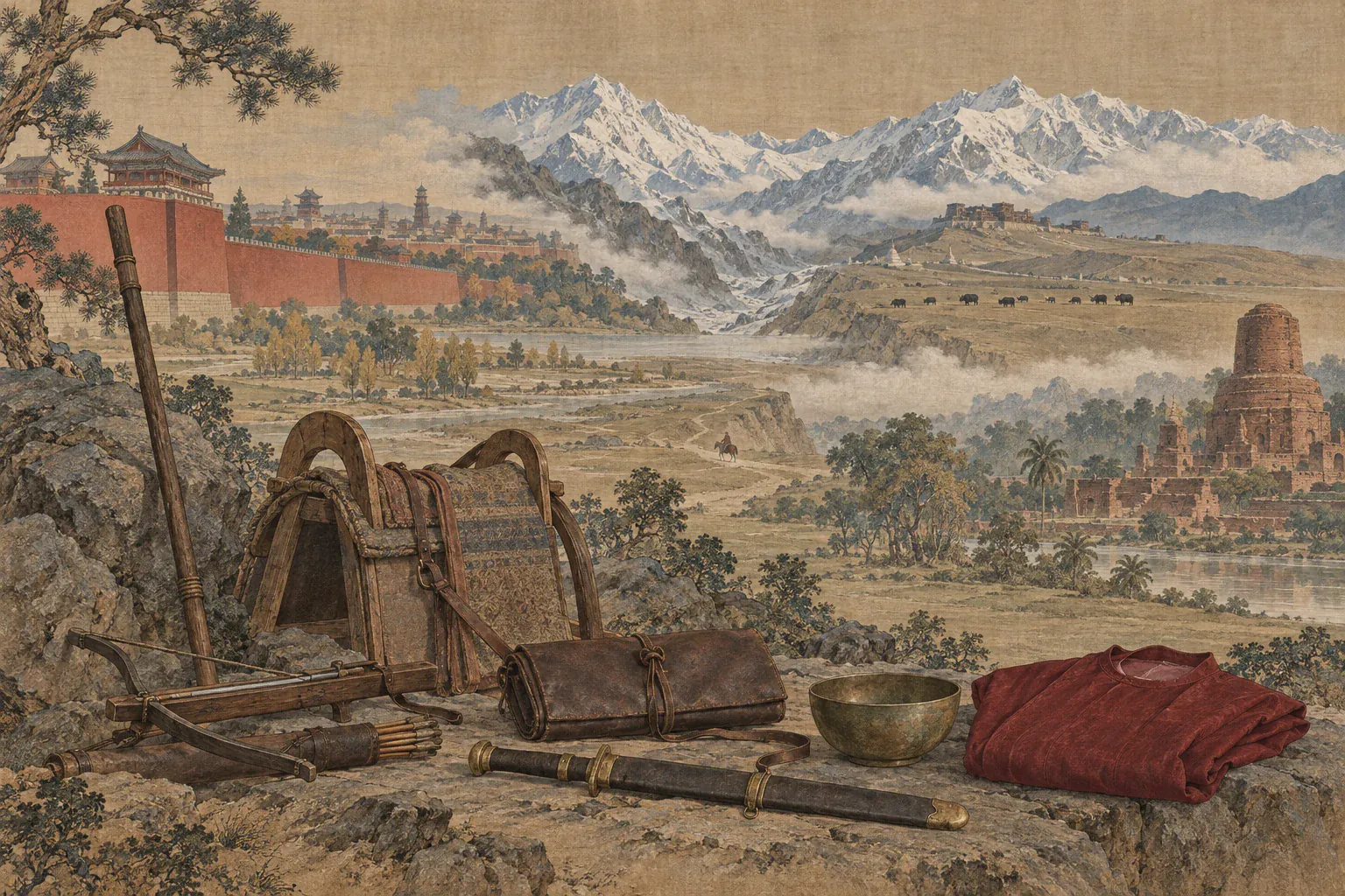 王玄策时代遗址、代表性兵器与无字史料器物在本篇核心地貌前分层陈列。