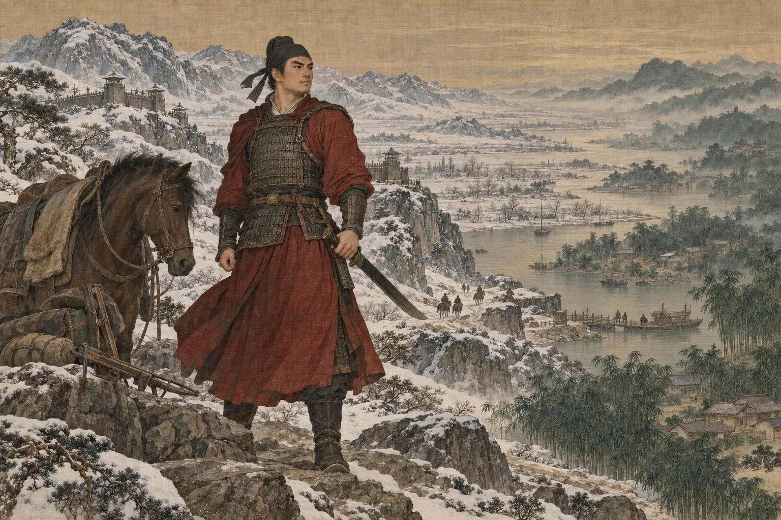 辛弃疾携代表性器物立于本篇核心地貌，远景串联其经历的重要道路、城关与战场。