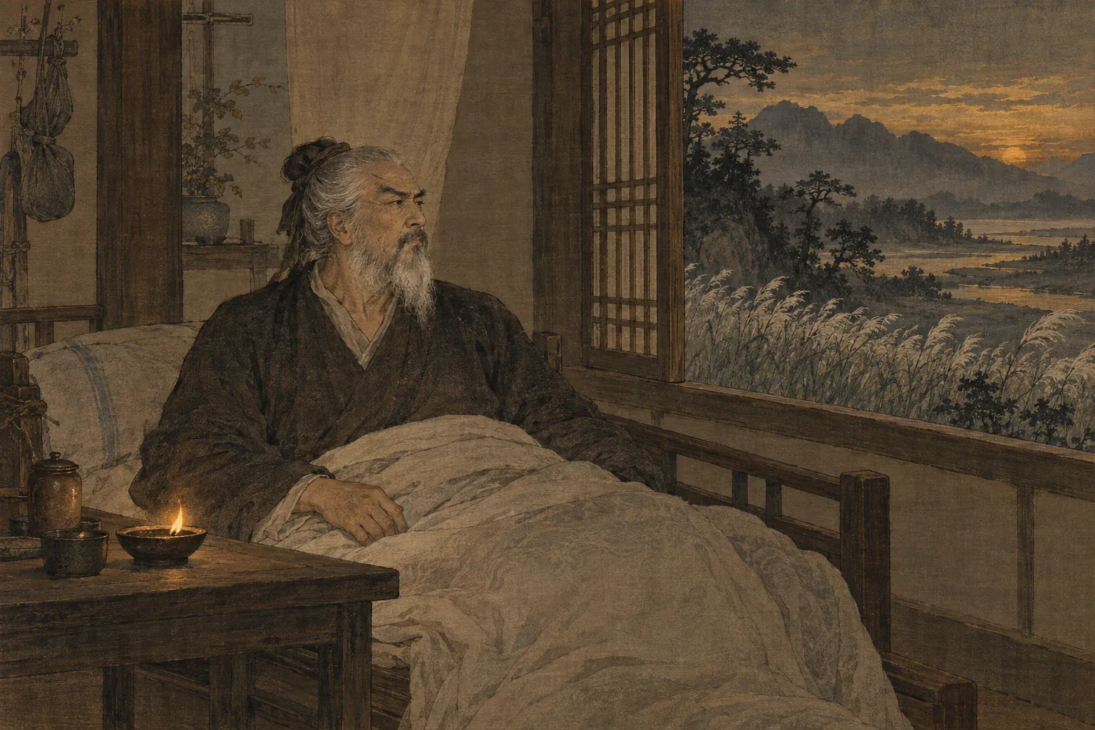 暮年辛弃疾倚在病榻上凝视北方，眼神仍保留青年武人的锐气。