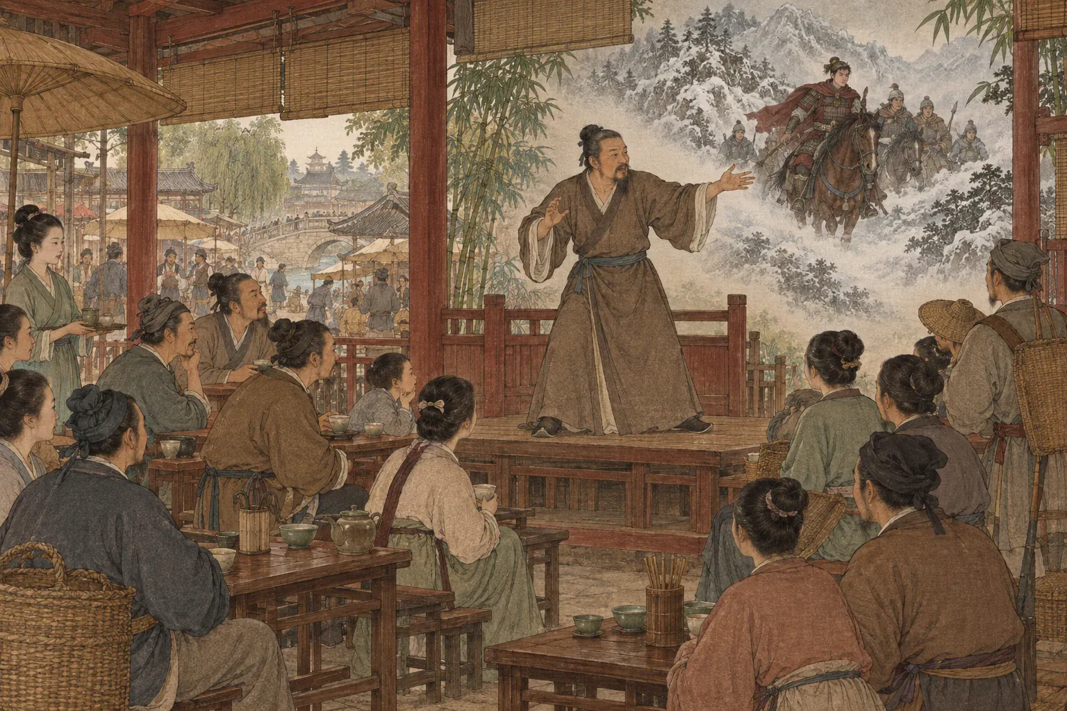 后世说书人在茶肆讲述辛弃疾青年突袭敌营的故事，听众围坐木台前。