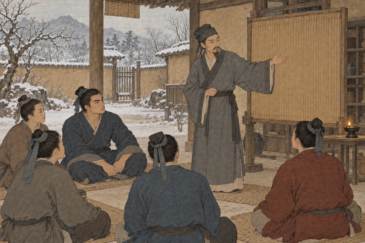 史馆编修刘瞻在亳州书院讲学，少年辛弃疾与同窗围坐听讲。