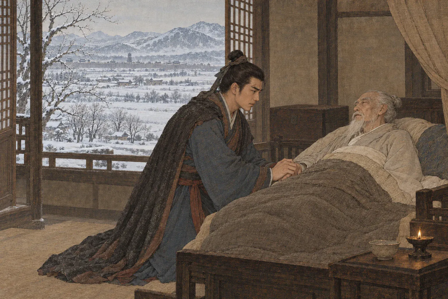 少年辛弃疾跪在祖父病榻前含泪握手，窗外济南雪野苍茫。