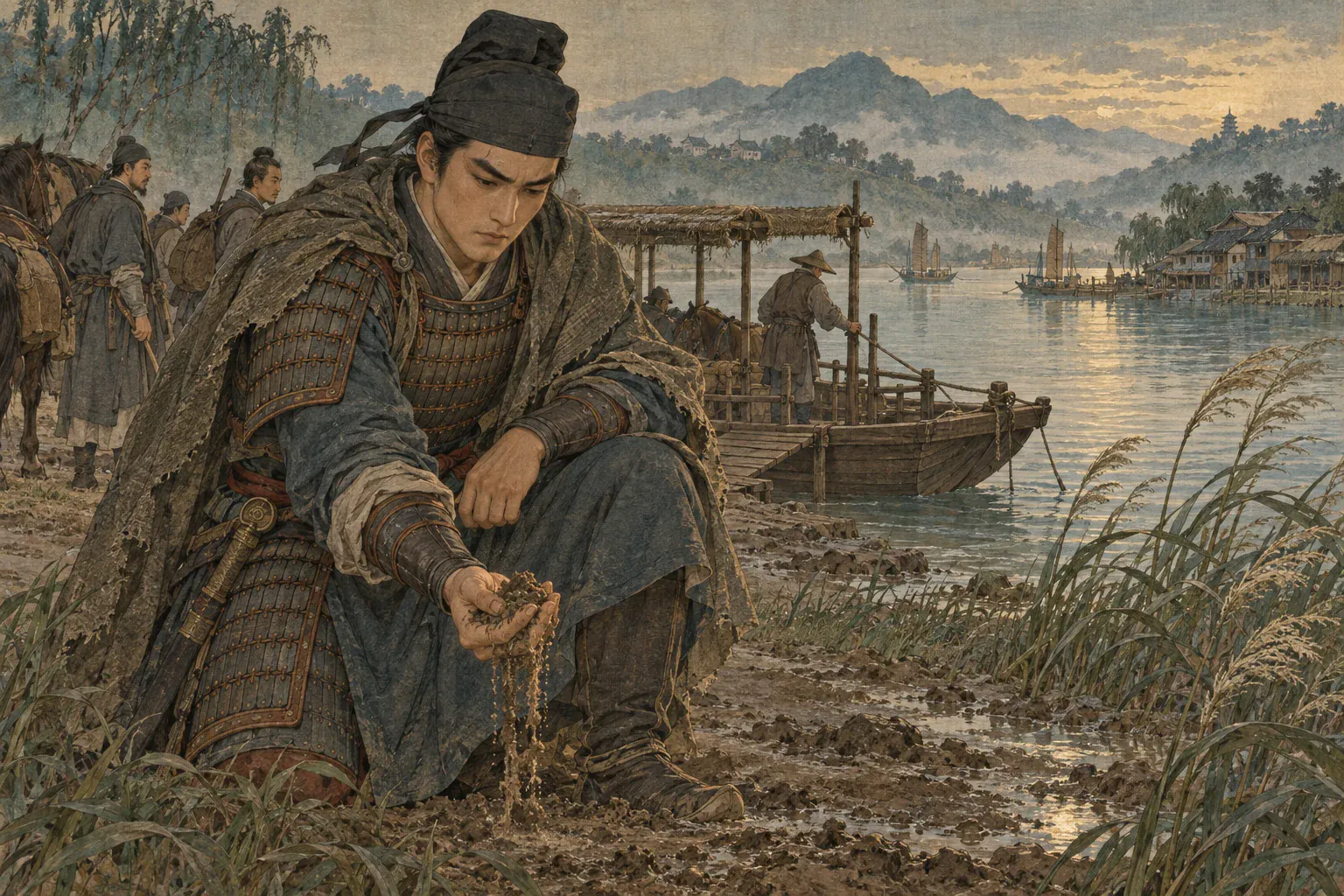 辛弃疾从渡船踏上南宋江岸，俯身抓起一把泥土后缓缓松开。
