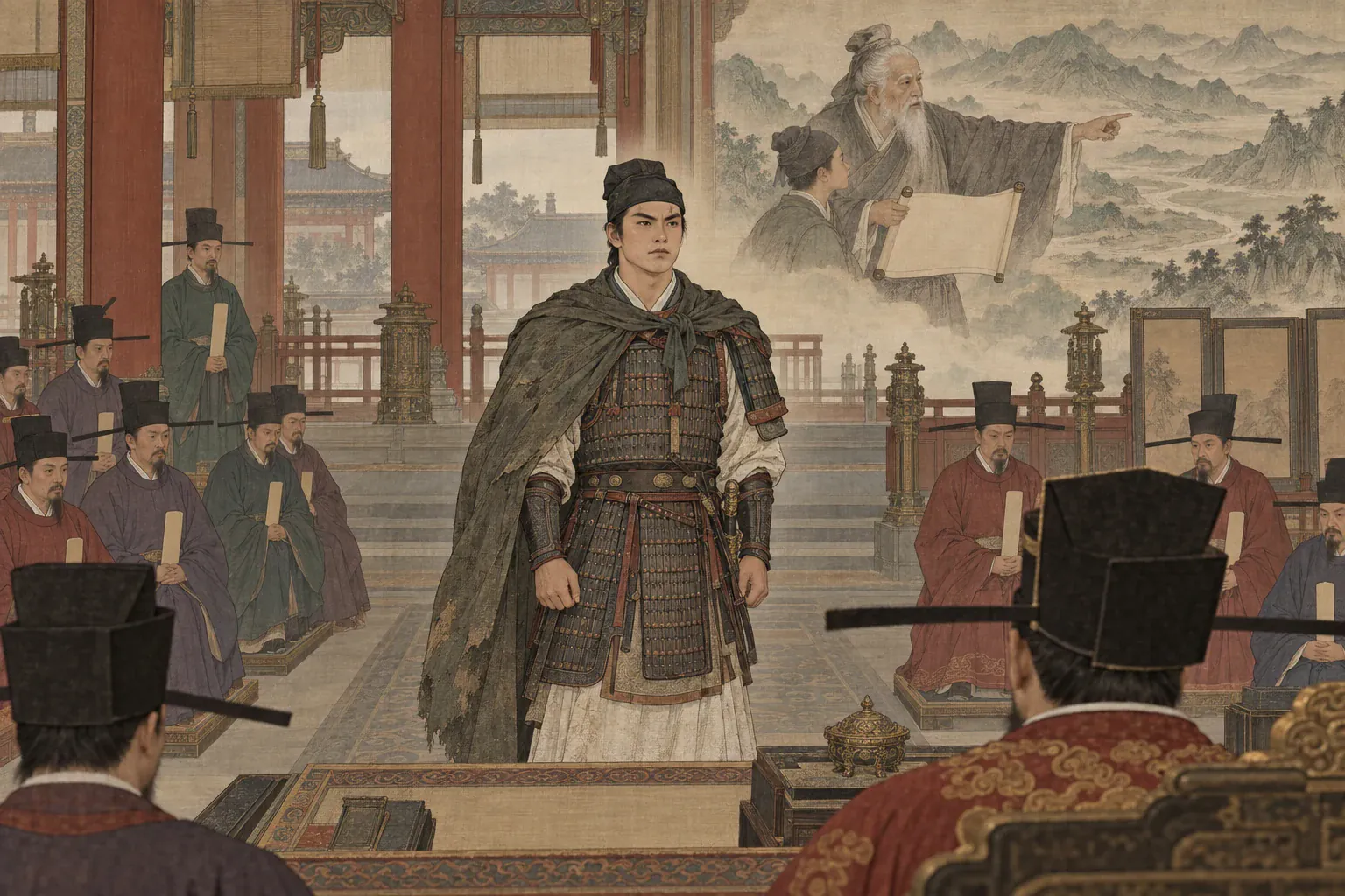 辛弃疾在宋廷殿中坦然陈述家世，远景淡映祖父教他辨识故国山河。