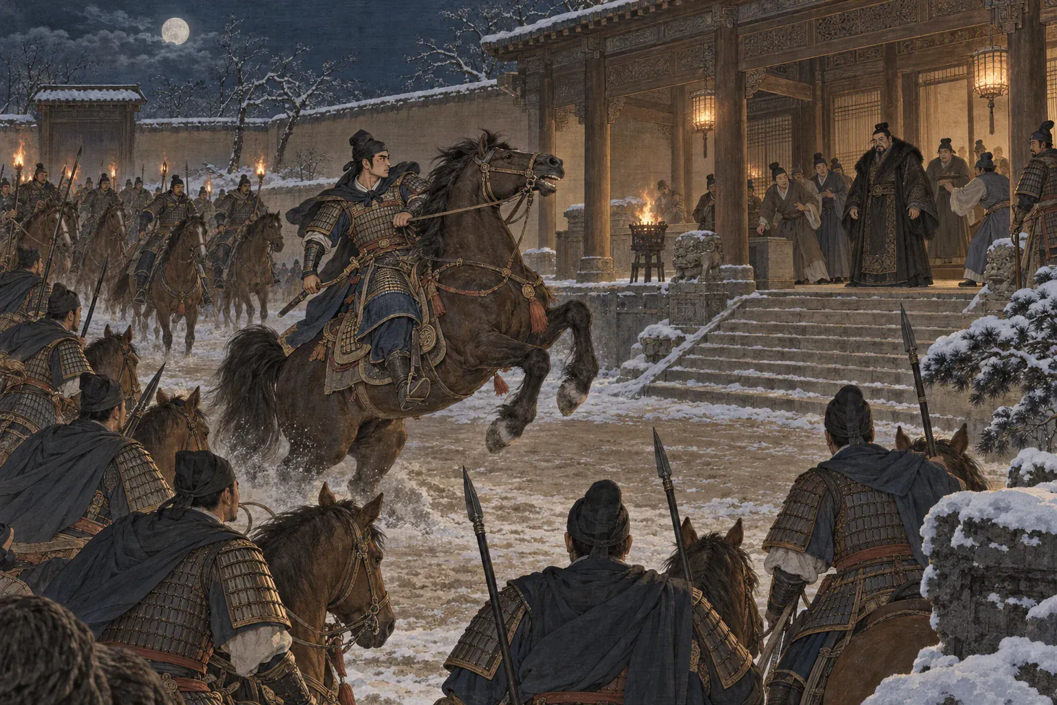辛弃疾率五十骑冲入张安国府邸，在大堂前勒住扬蹄战马。