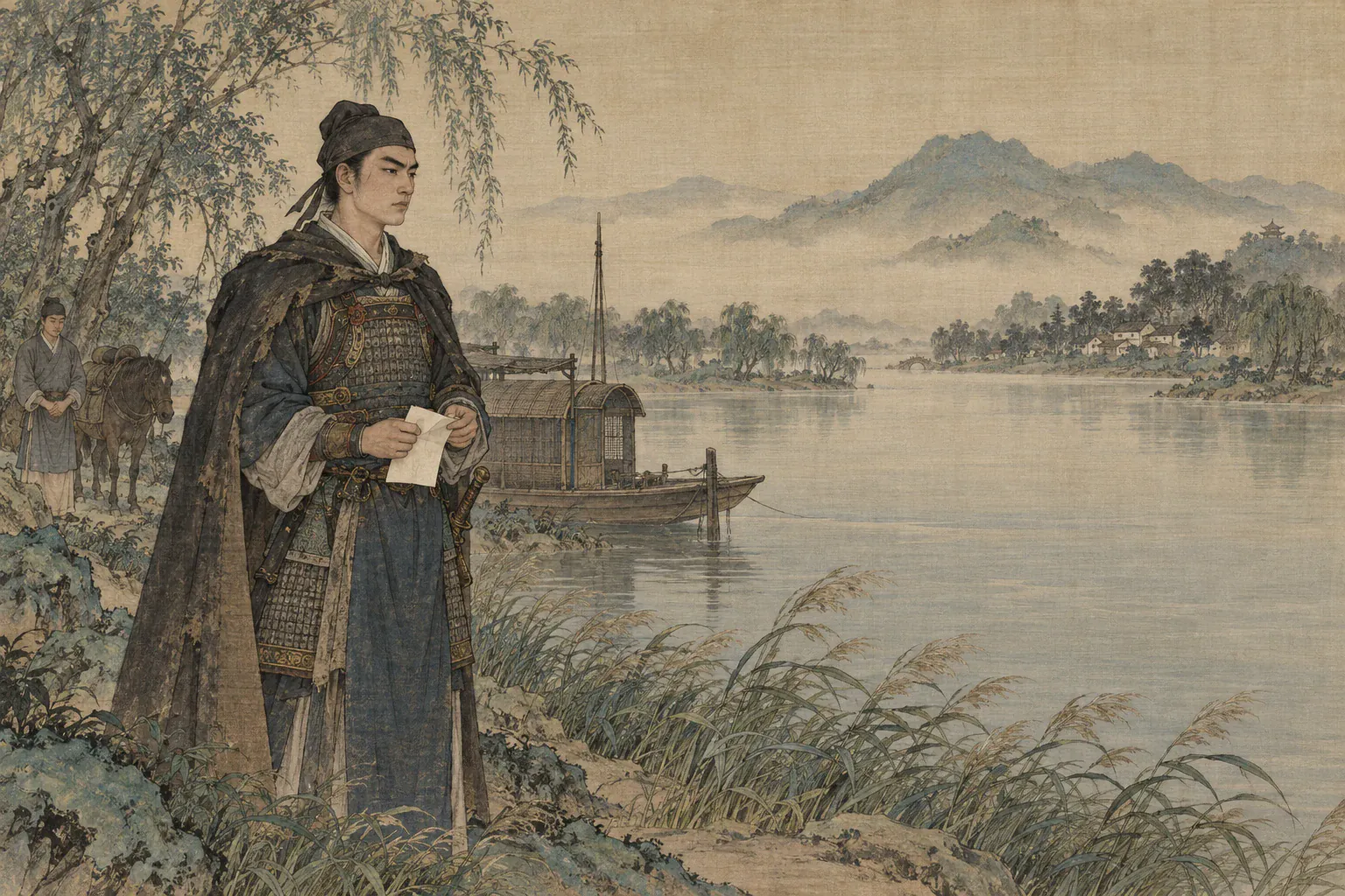 辛弃疾听完朝廷调任后沉默立在江边，手中折起空白公文。