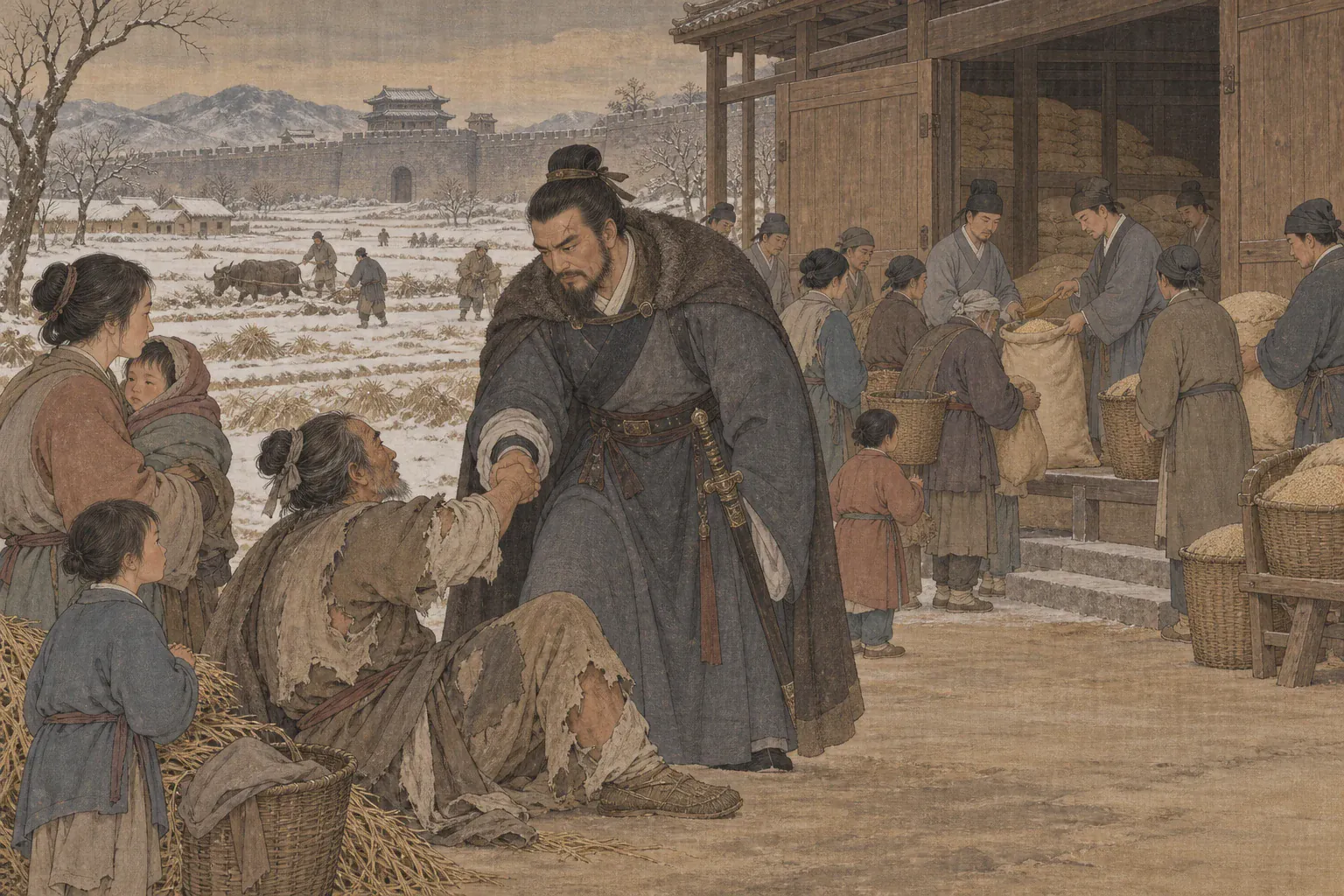 辛弃疾扶起获分田地的流民，官吏在身后打开粮仓安置百姓。
