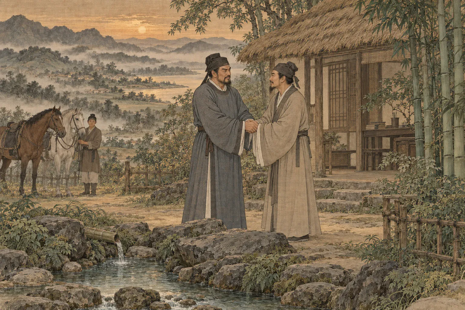 陈亮抵达瓢泉拜访辛弃疾，两名主战书生在茅舍前握手相见。