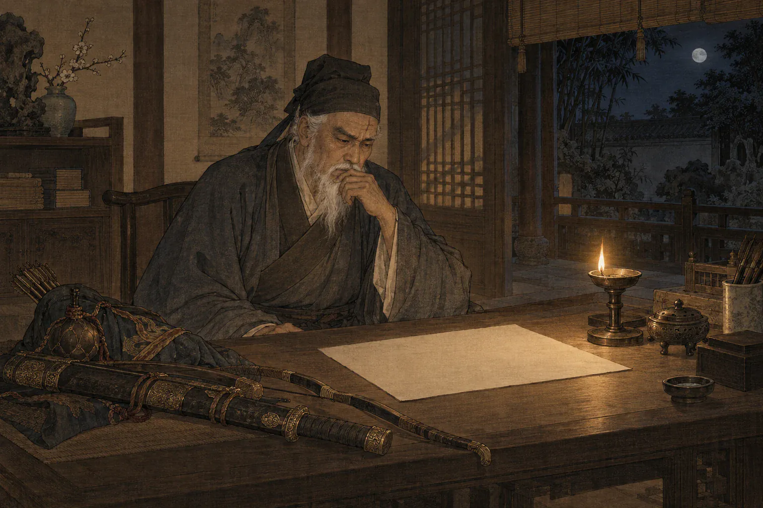 辛弃疾深夜独坐府中灯下，将未能出征的兵器与空白奏牍并置案头。