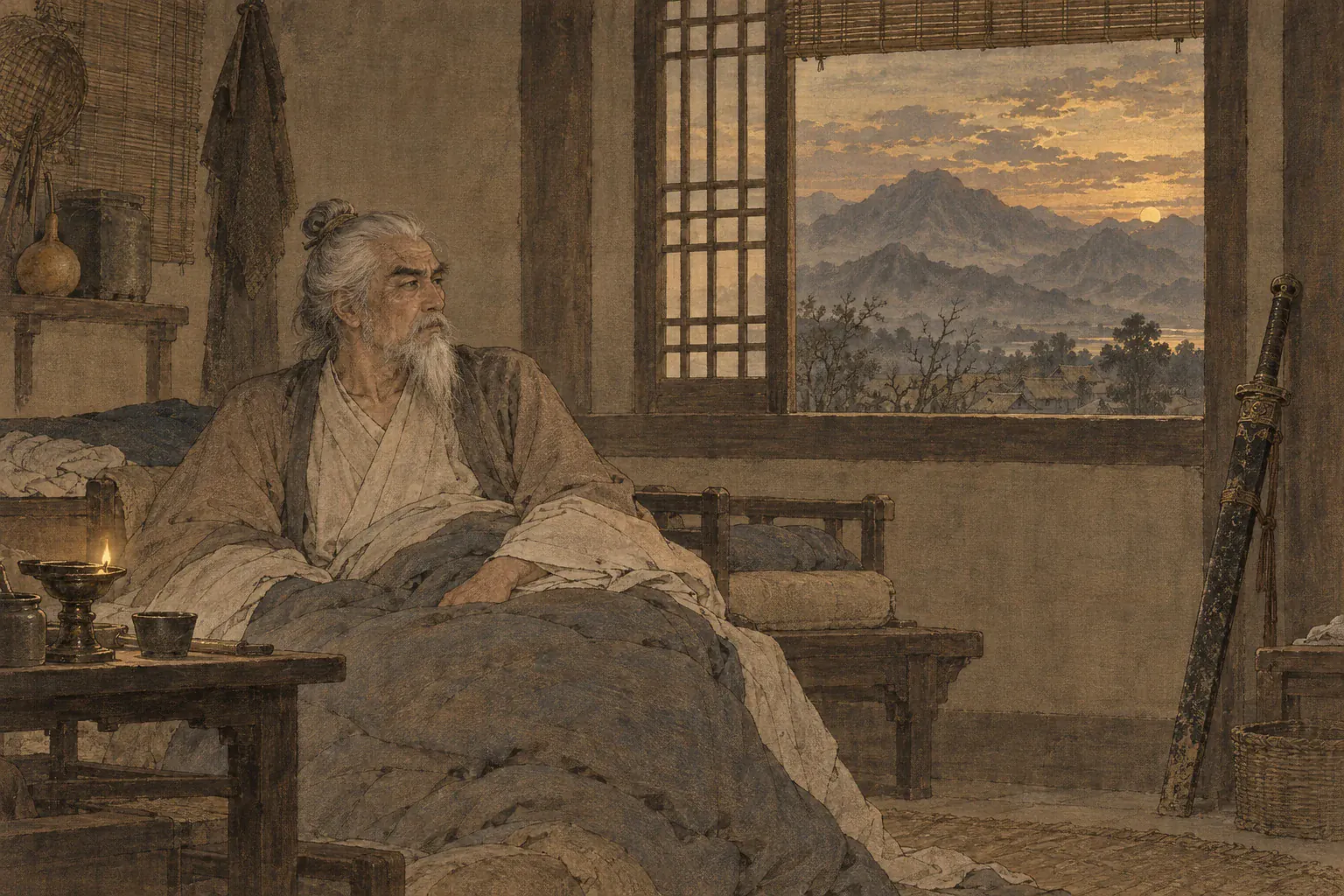 病中的辛弃疾倚坐铅山居室，仍望着墙边蒙尘的长剑与北方山影。