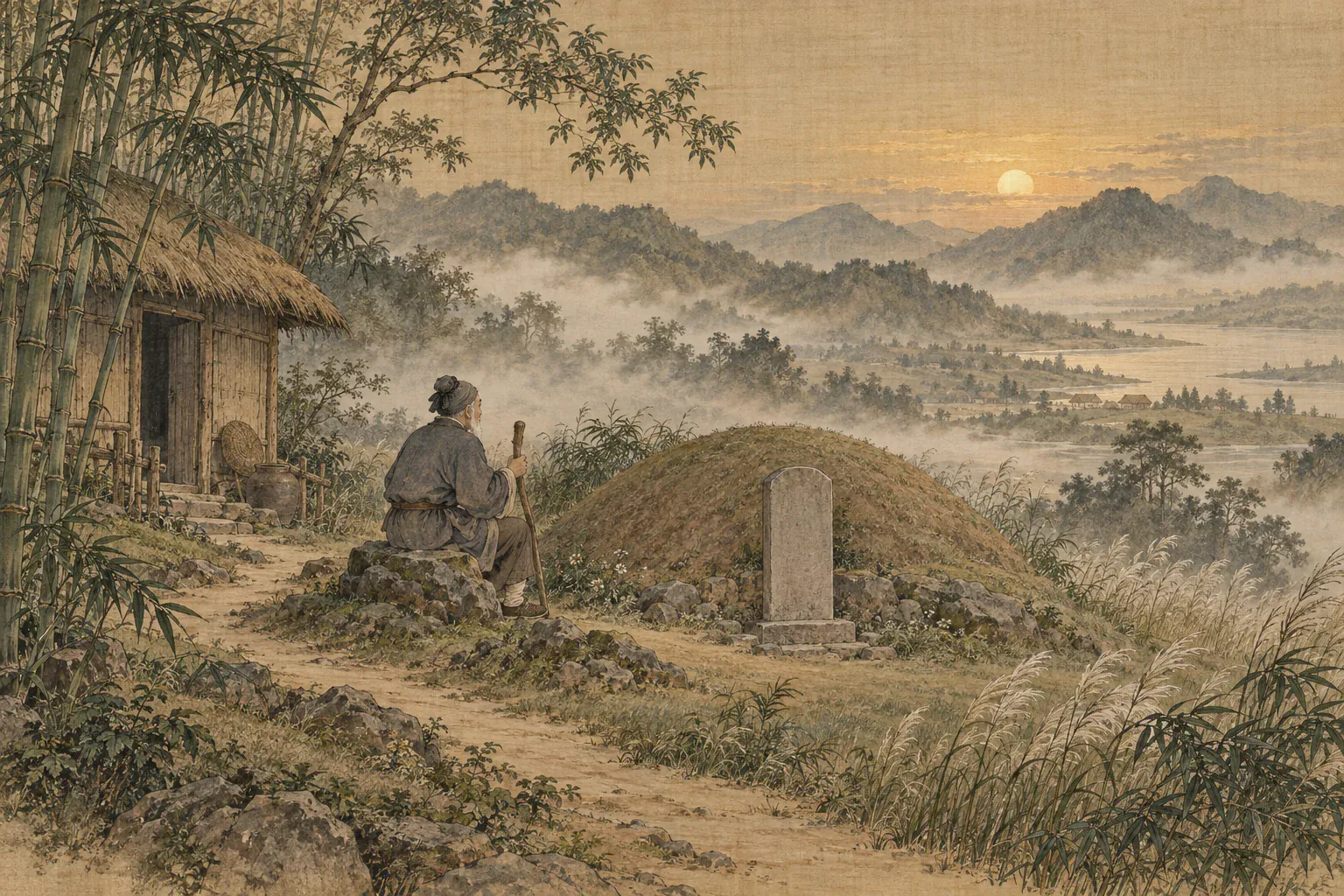 年迈守墓人住在辛弃疾墓旁茅屋，每日拄杖坐在墓前陪伴。