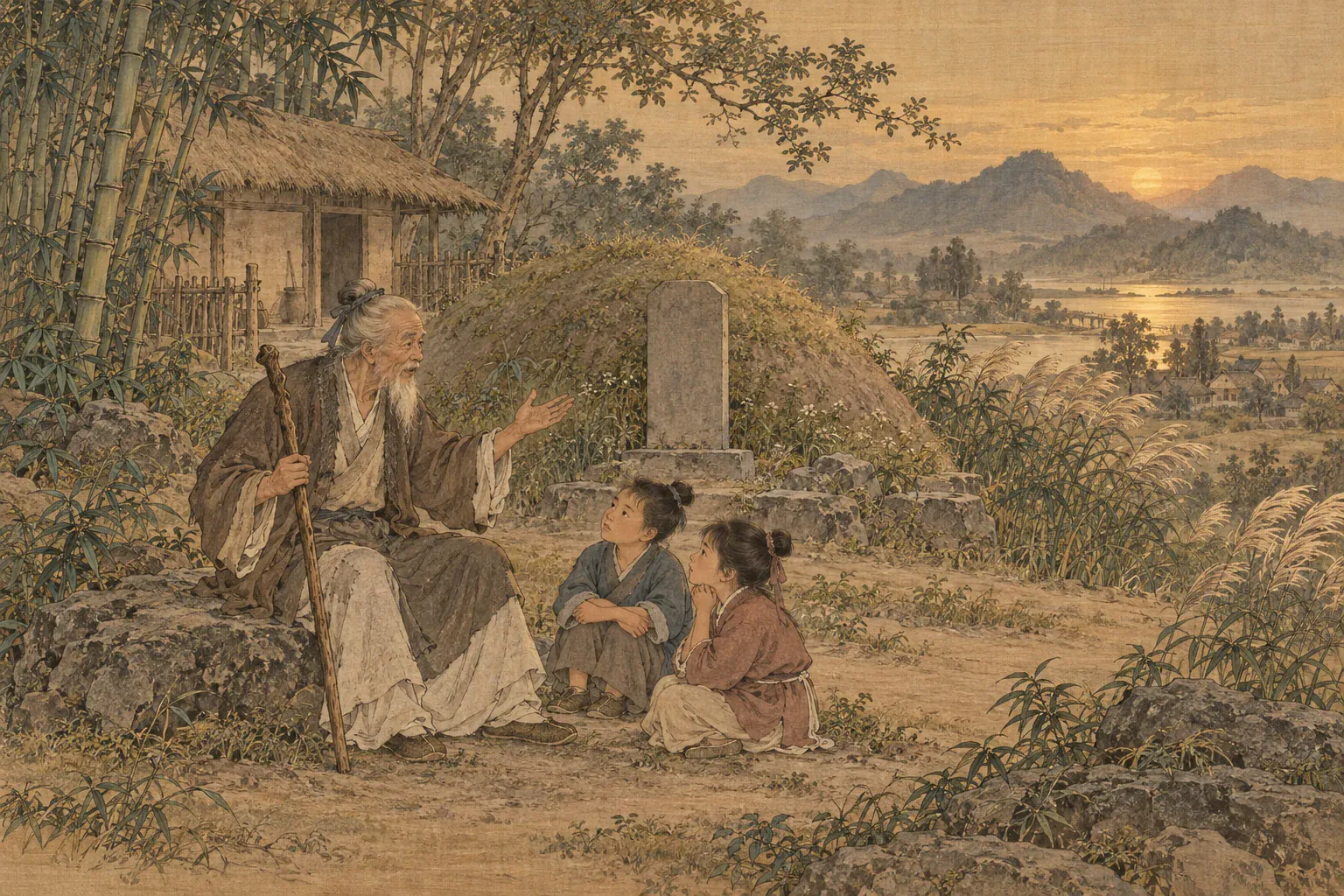 年迈守墓人坐在辛弃疾墓旁，向孩童口述记得的旧日词句。