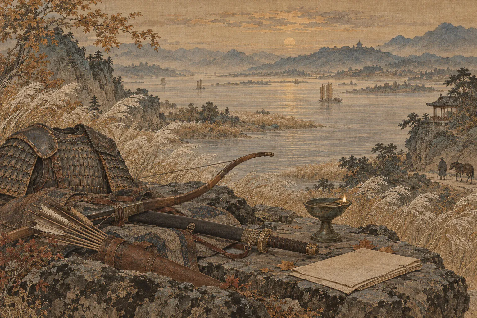 辛弃疾时代遗址、代表性兵器与无字史料器物在本篇核心地貌前分层陈列。