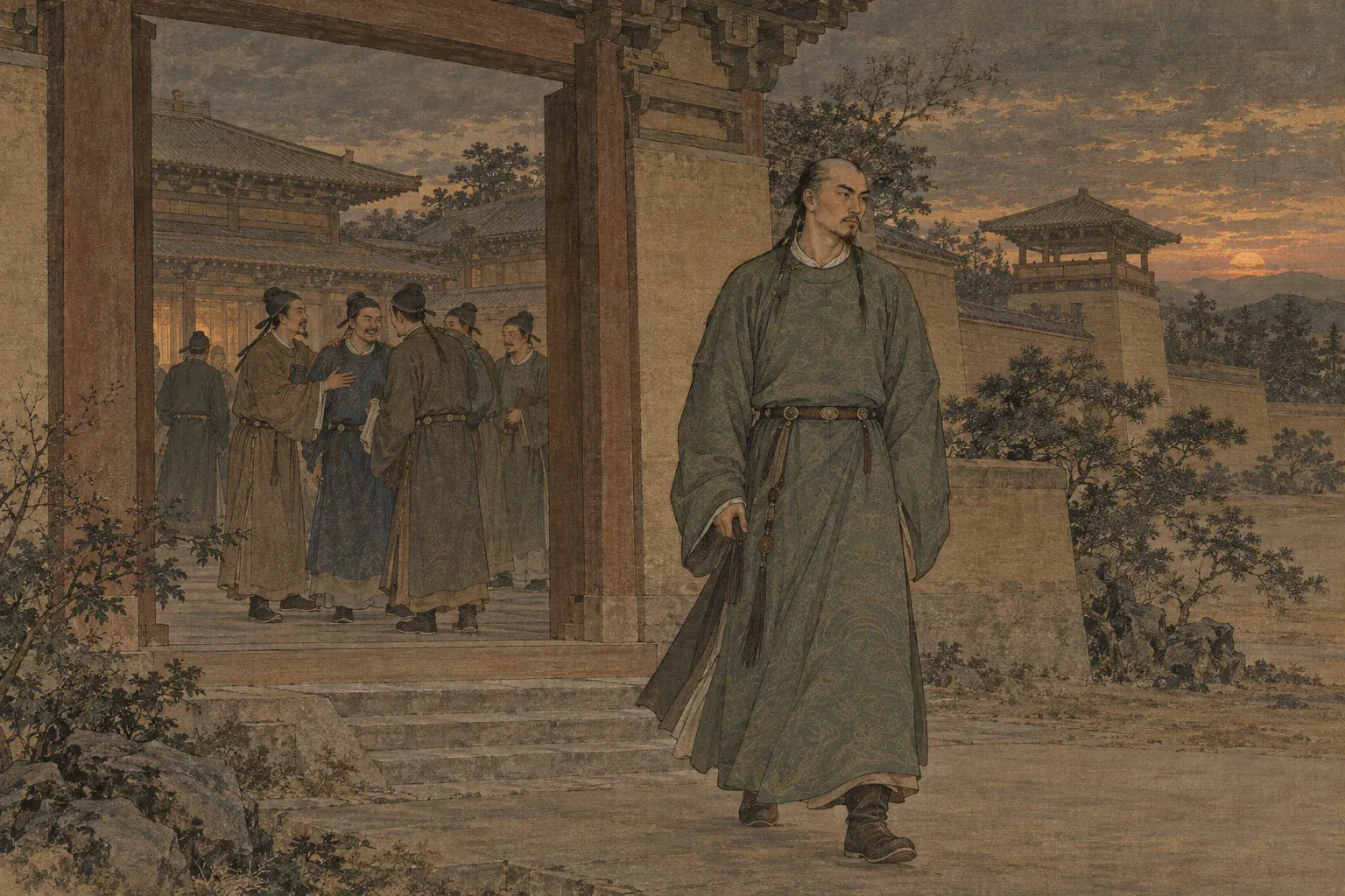 科举退朝后同年进士围住耶律大石道贺，他在暮色中独自走出宫门。