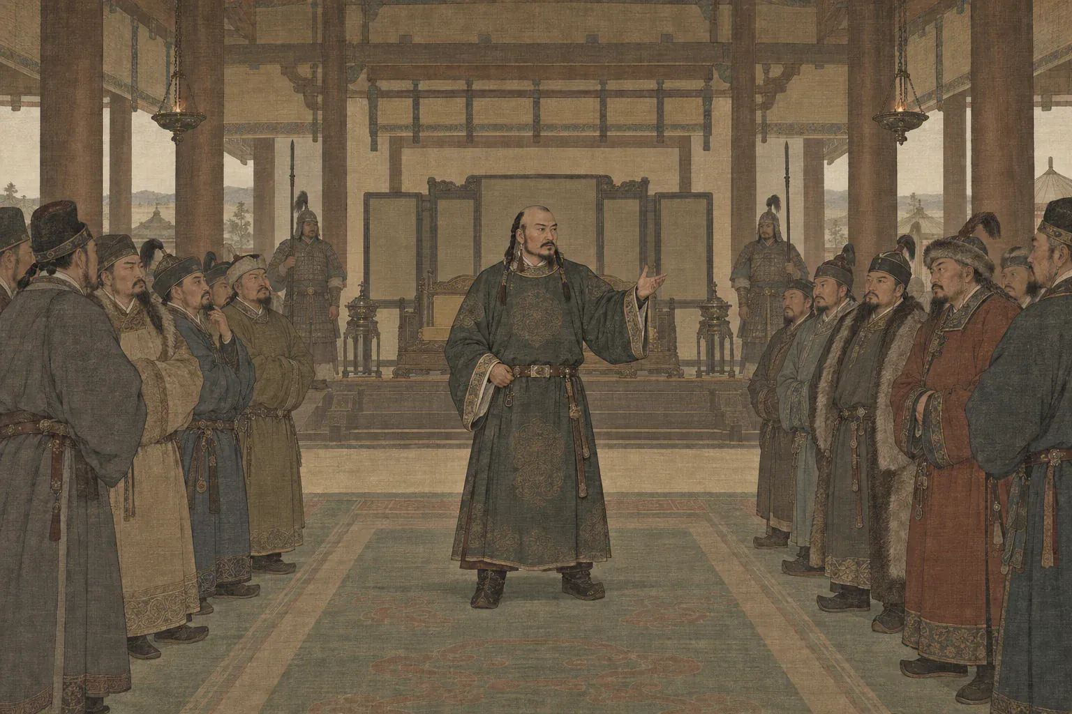 耶律大石在辽廷大殿直言边患，百官分列两旁以复杂神色注视他。