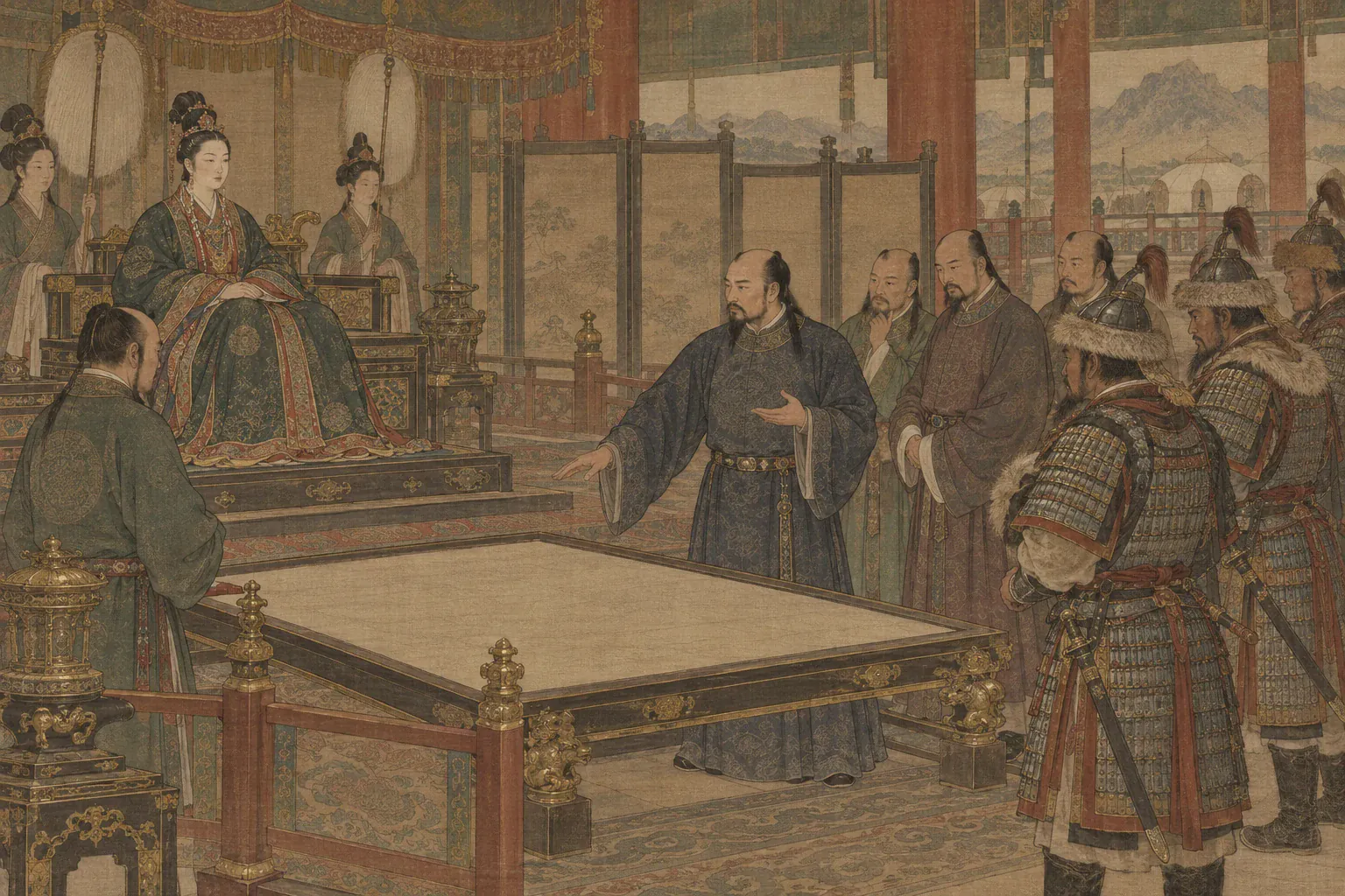 萧德妃在辽廷殿中注视年轻翰林耶律大石，他在武将之间从容陈策。