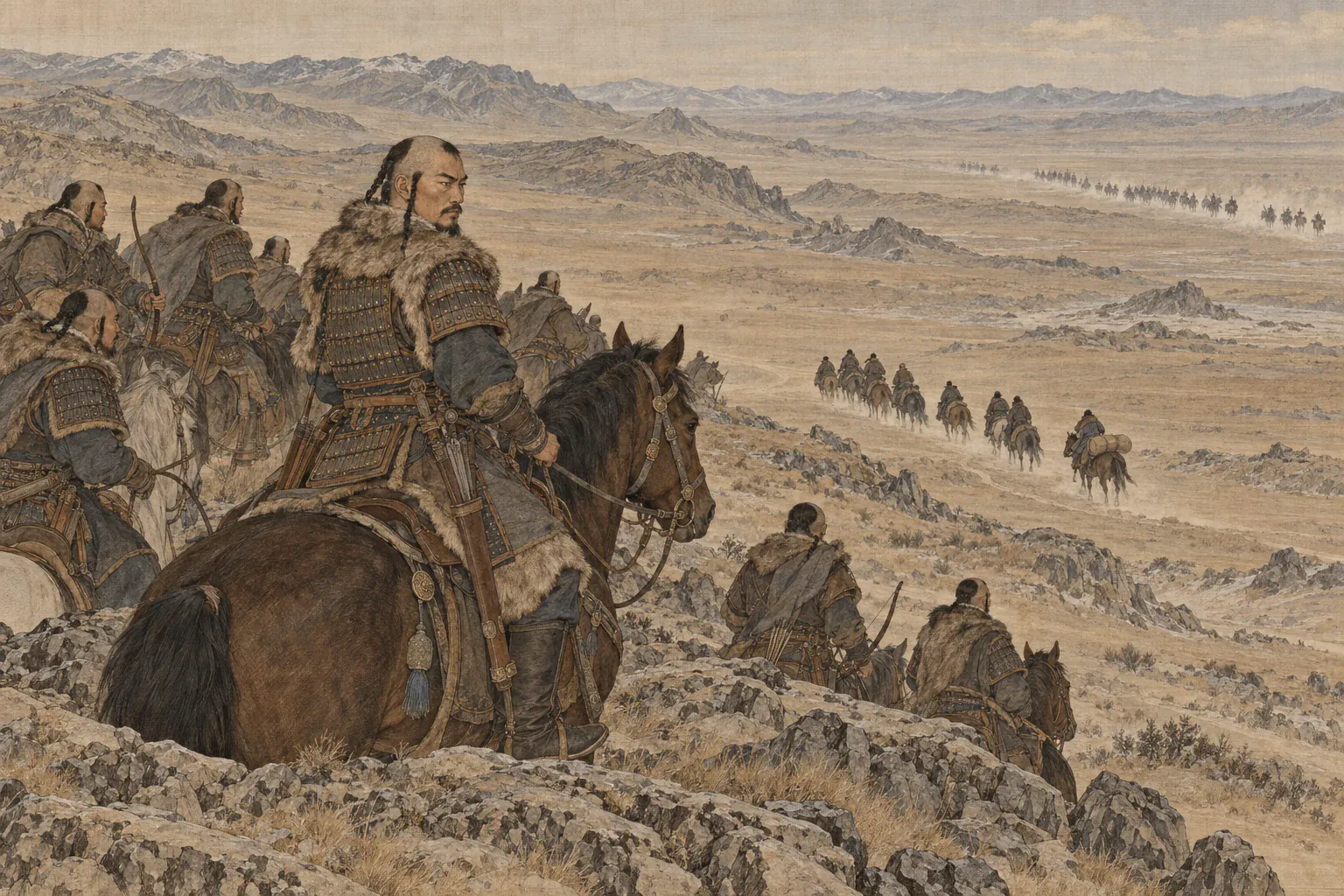 耶律大石分兵护送印信文书西行，亲率二十骑勒马迎向千名追兵。