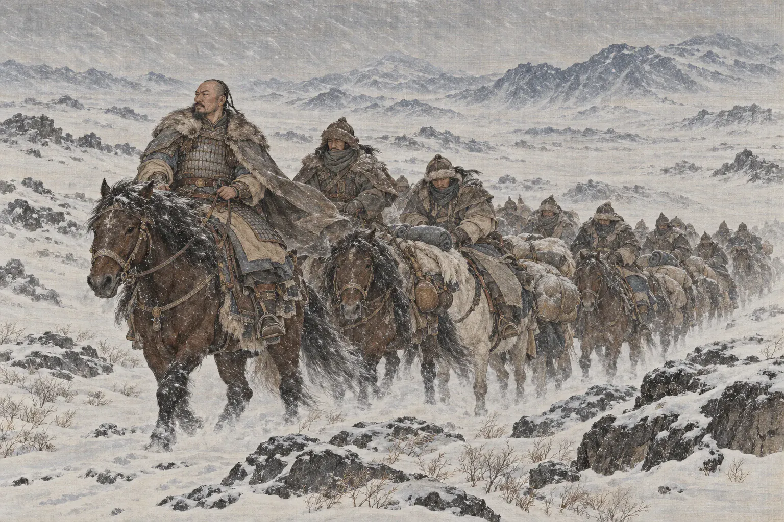 耶律大石率队穿越大漠风雪，骑兵围成紧密队形抵御严寒。
