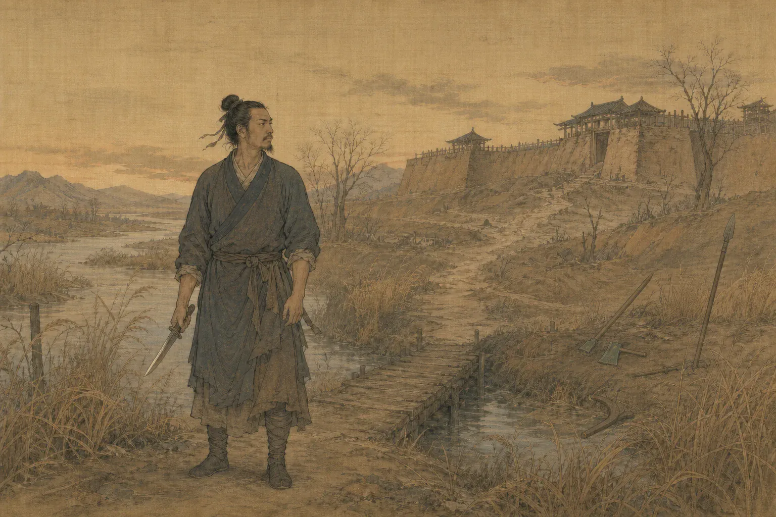 豫让携代表性器物立于本篇核心地貌，远景串联其经历的重要道路、城关与战场。