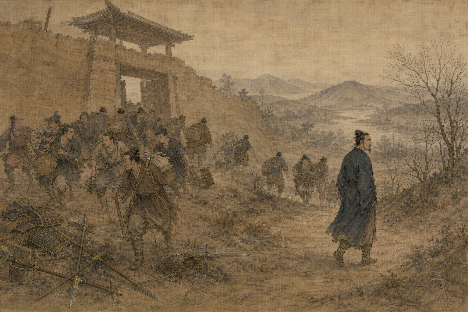 智氏覆亡后族人与门客四散奔逃，豫让独自逆着人群走入山中。