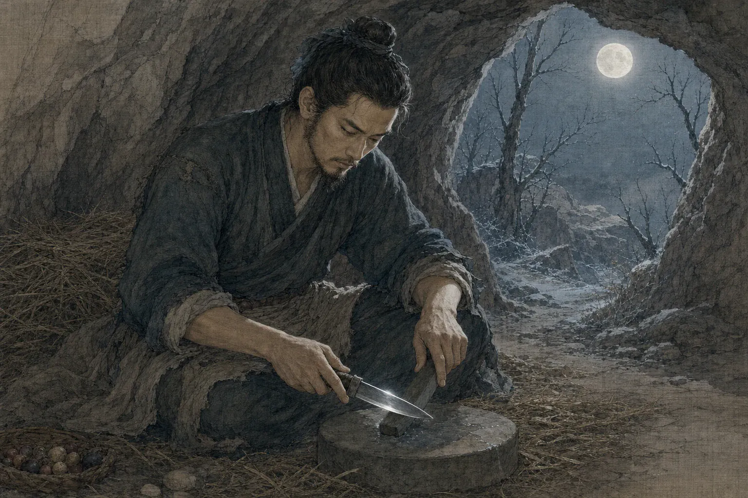 豫让在月光下反复磨亮匕首，刀锋映出山洞外的冷白光线。