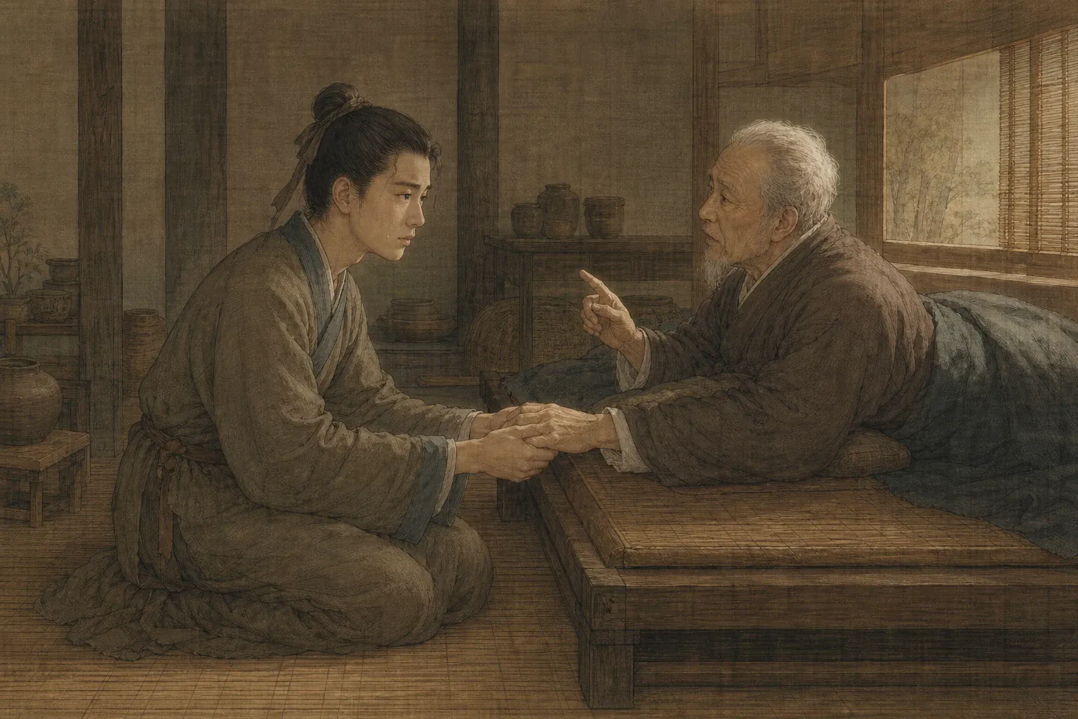 年少的豫让跪在病榻前握住祖父的手，含泪聆听知己相报的教诲。