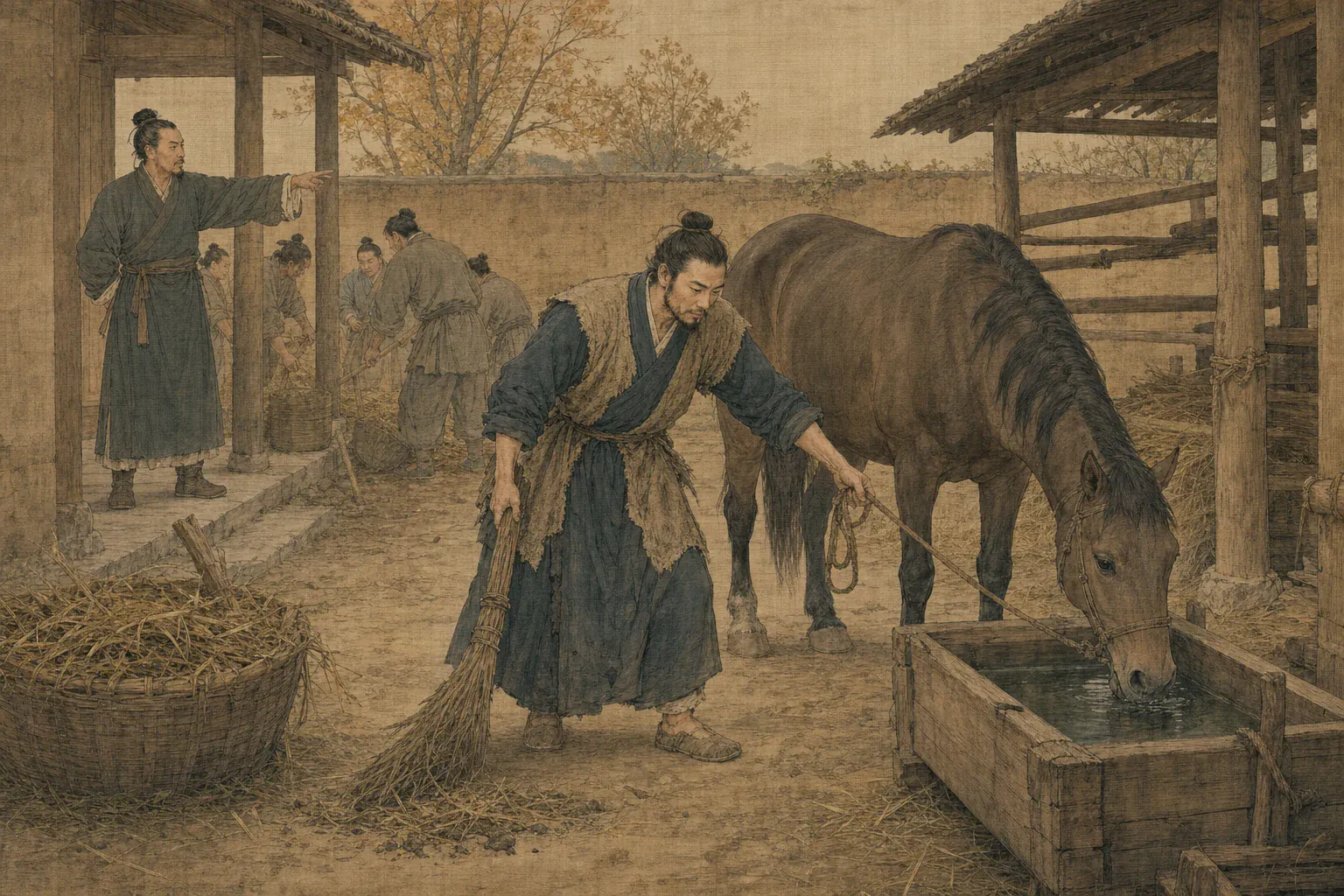 豫让在范氏马厩清扫饮马，管事接连指派杂役却不看他一眼。