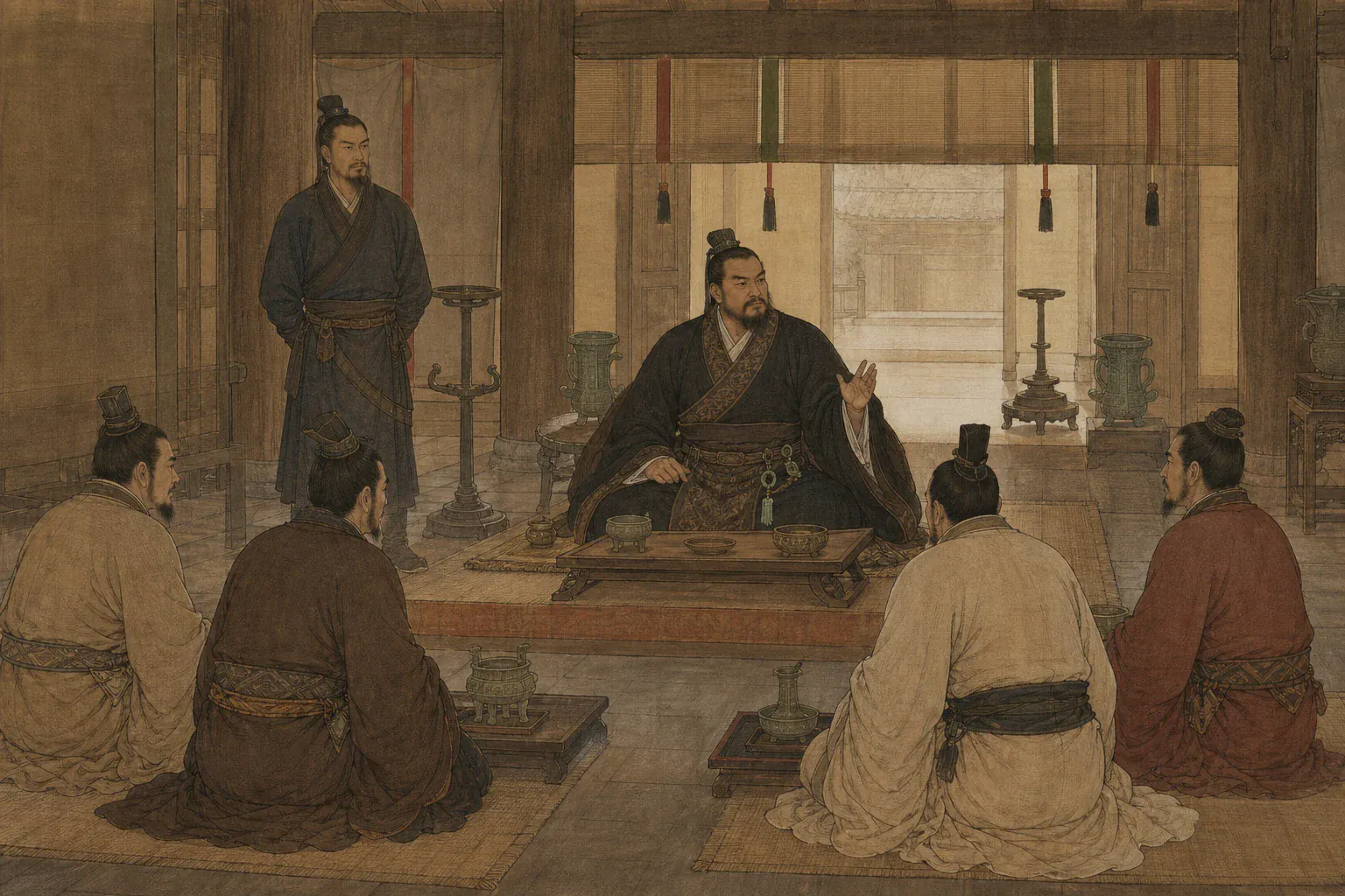 豫让站在智伯瑶身后观察主人接见宾客，目光坚定而不回避。