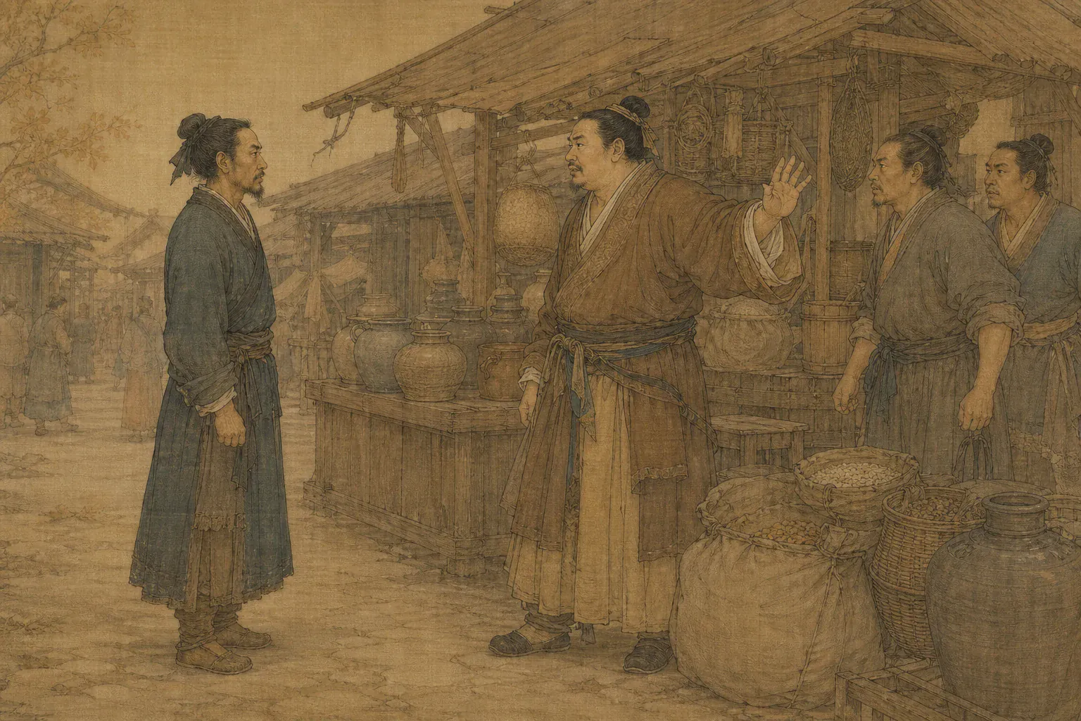 豫让独自向商人追讨欠物，对方在市肆中从推脱逐渐转为威胁。