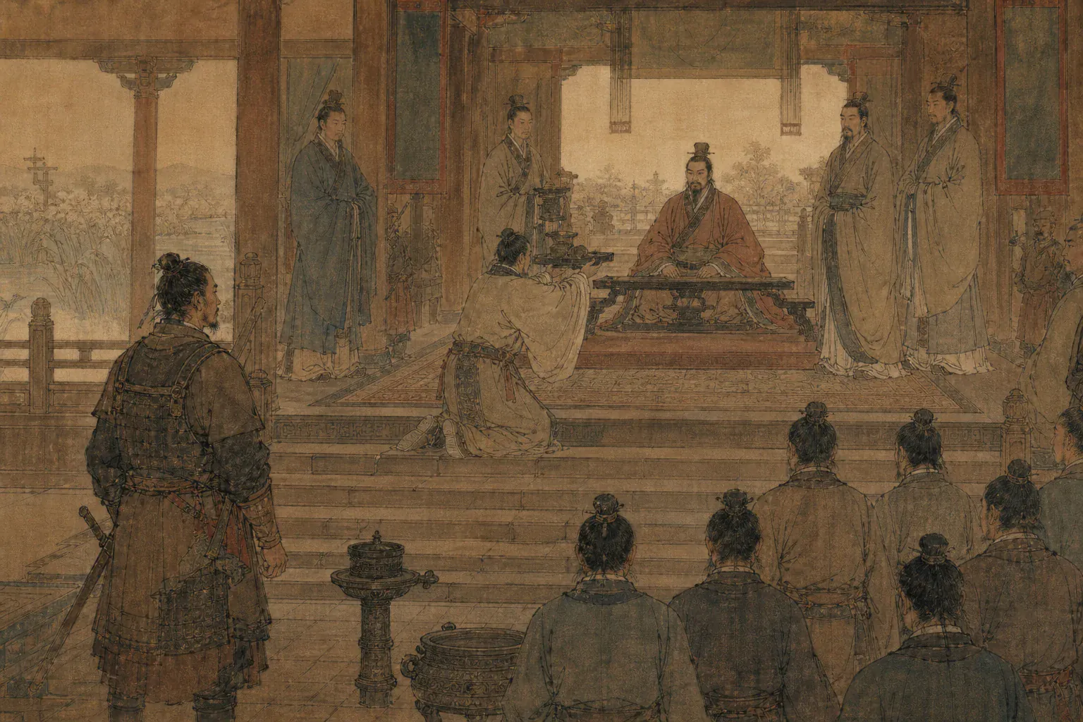 豫让随侍智伯瑶接见周天子使者，站在席后观察礼仪往来。