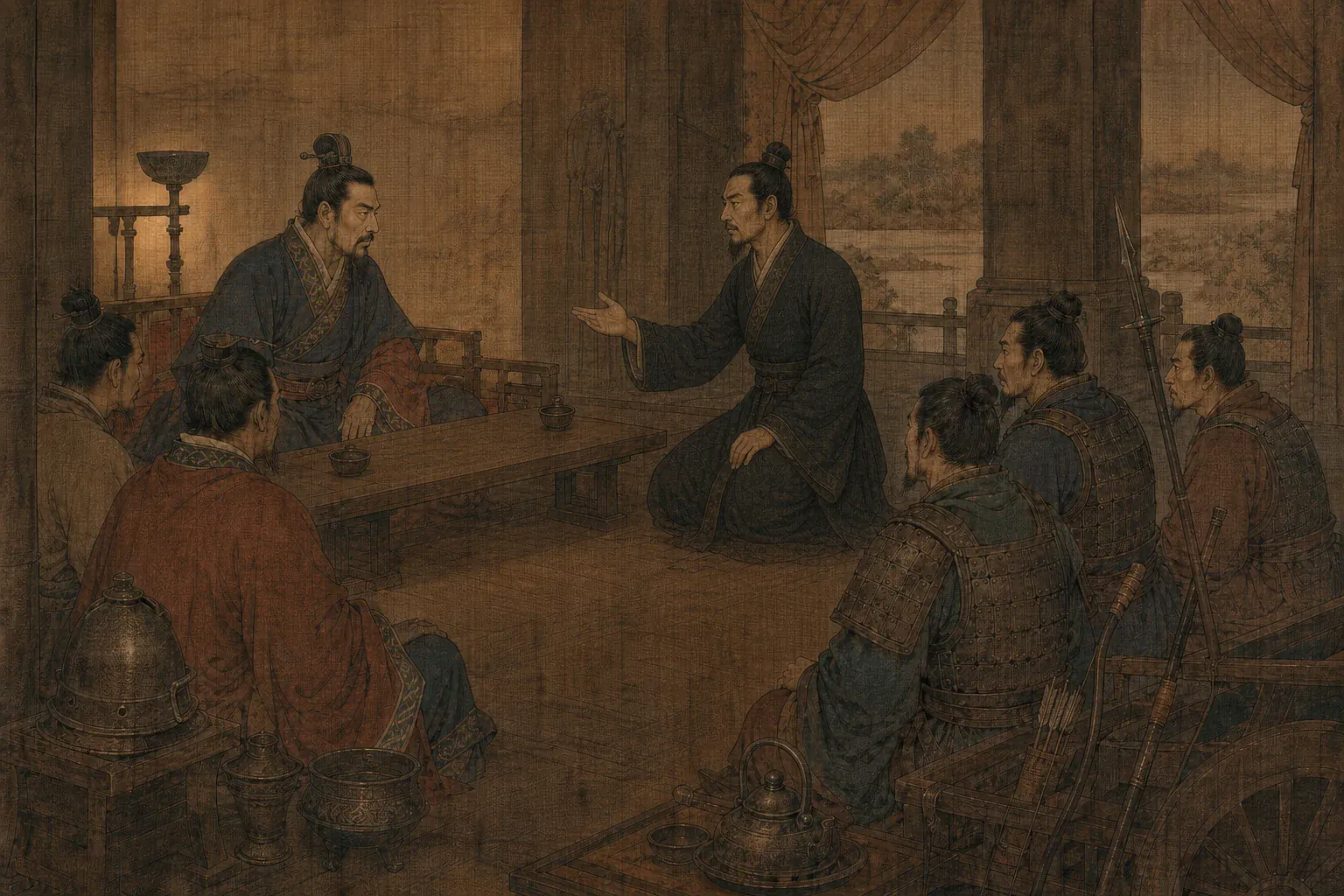 豫让在智伯堂前分析韩魏赵三家的隐患，智伯坐席凝神倾听。