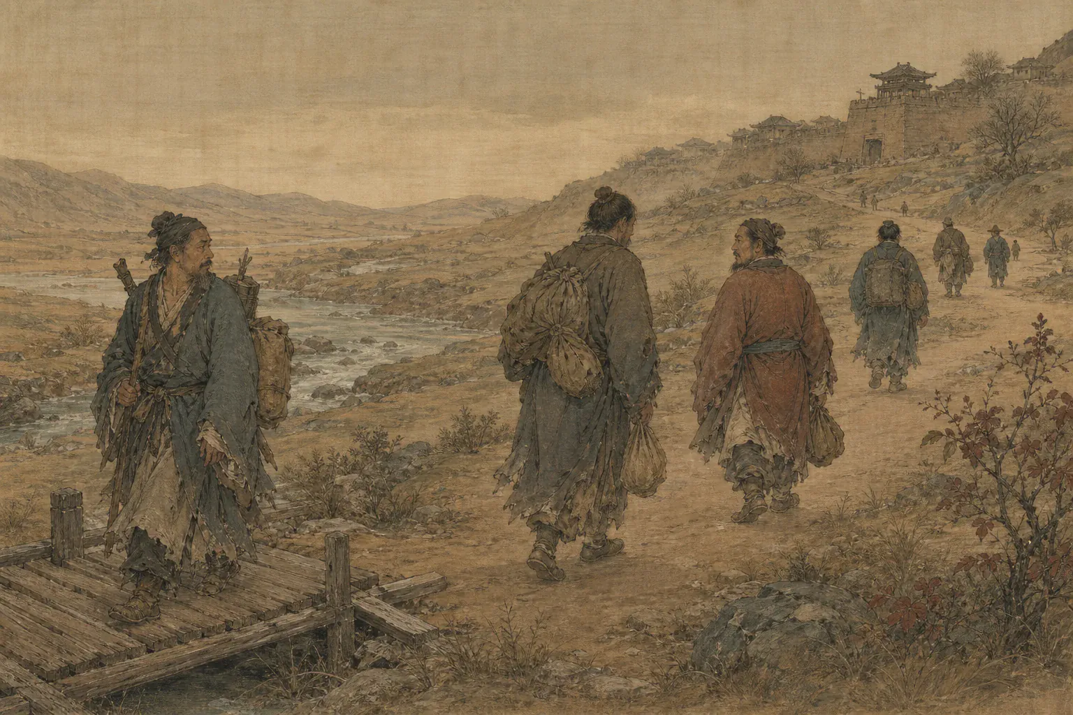 失去主人的士人们背负行囊走在乱世道路上，彼此擦肩而过。