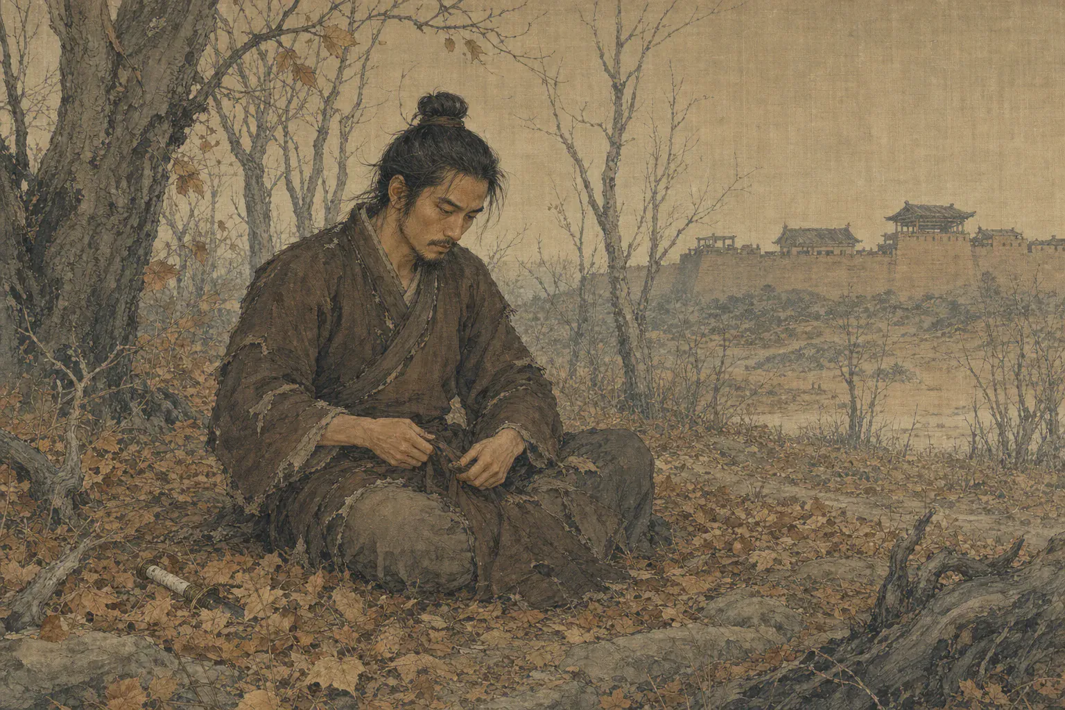 豫让独坐城外树林整理破旧衣物，匕首藏在身旁落叶下。