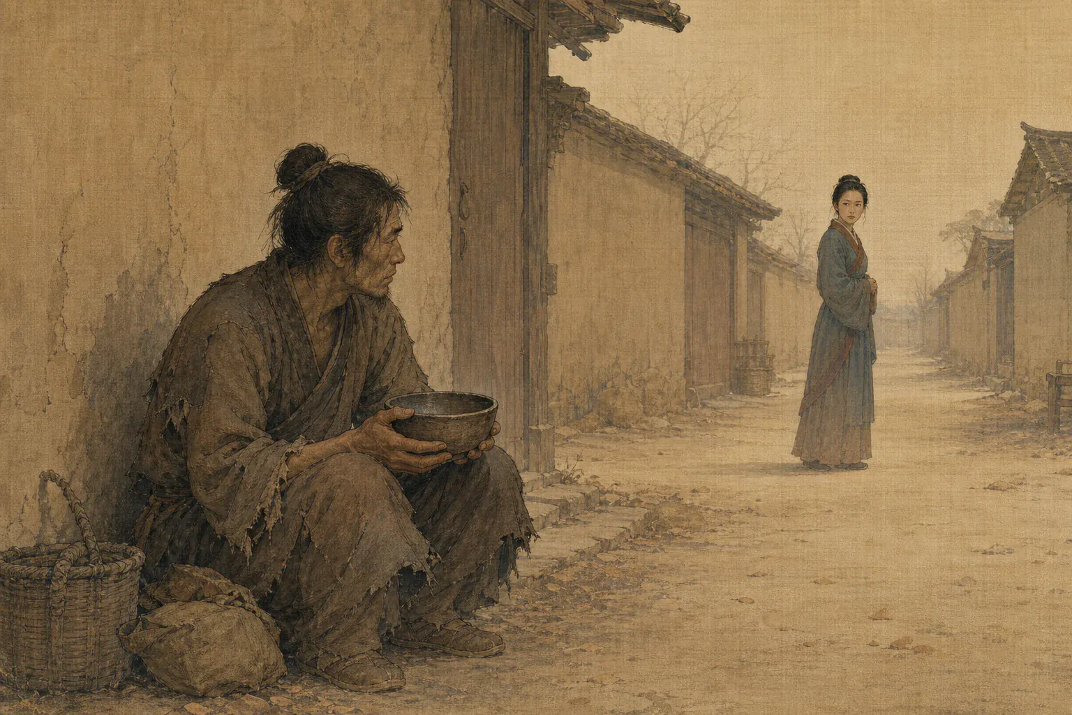 乔装乞丐的豫让蹲在墙根端破碗，妻子从街巷远处疑惑望来。