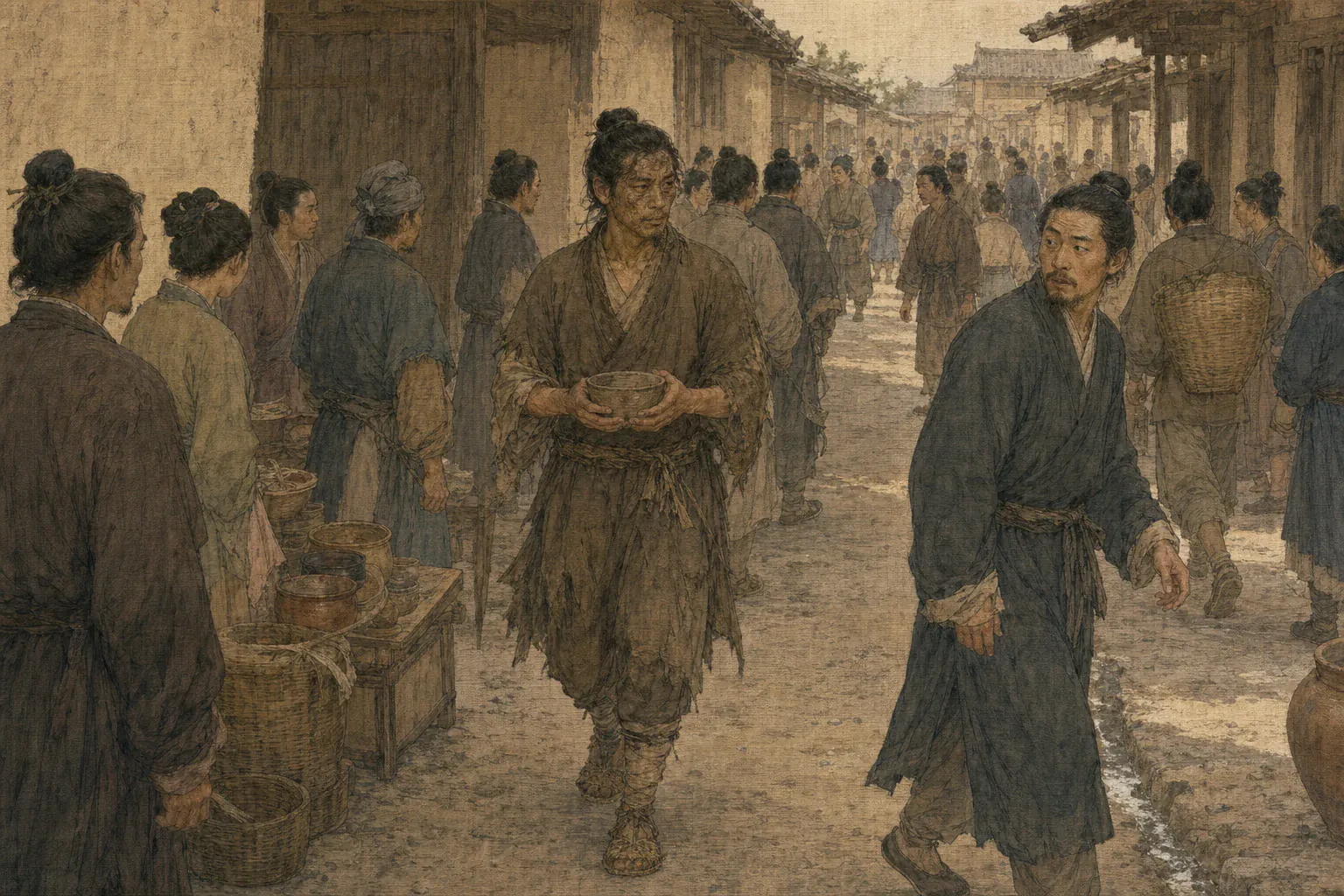 毁容后的豫让端破碗穿过绛都人群，故友困惑地从他身旁走过。