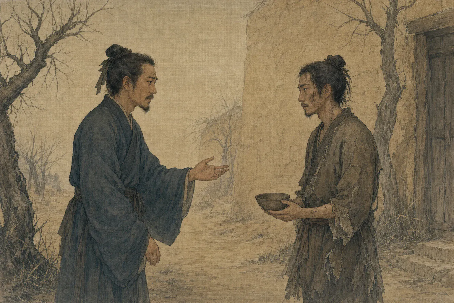 旧友辨认出改换容貌的豫让，隔着破衣与疮痕含泪相望。