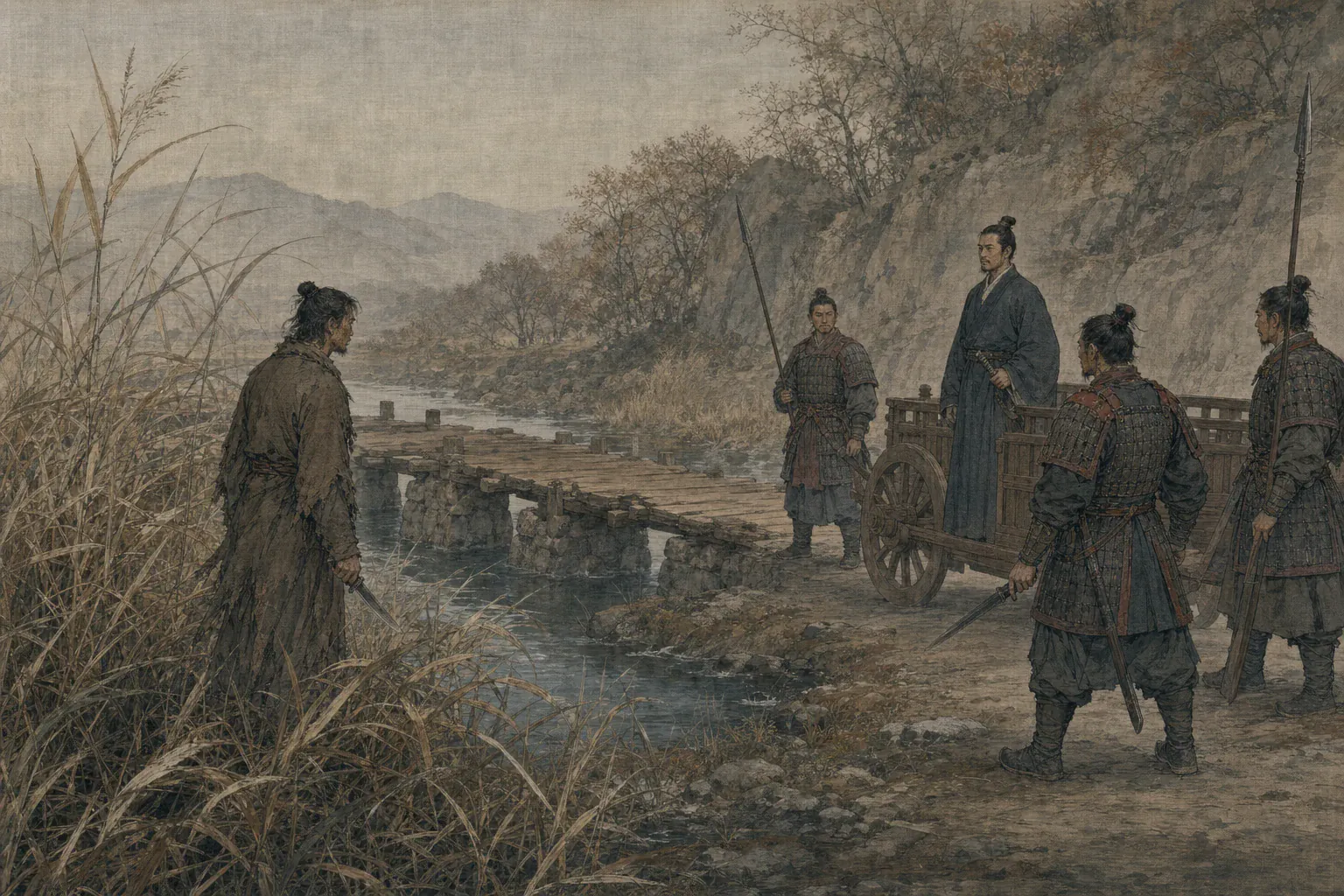 豫让从桥下芦苇间现身，手持匕首面对被护卫围住的赵襄子。