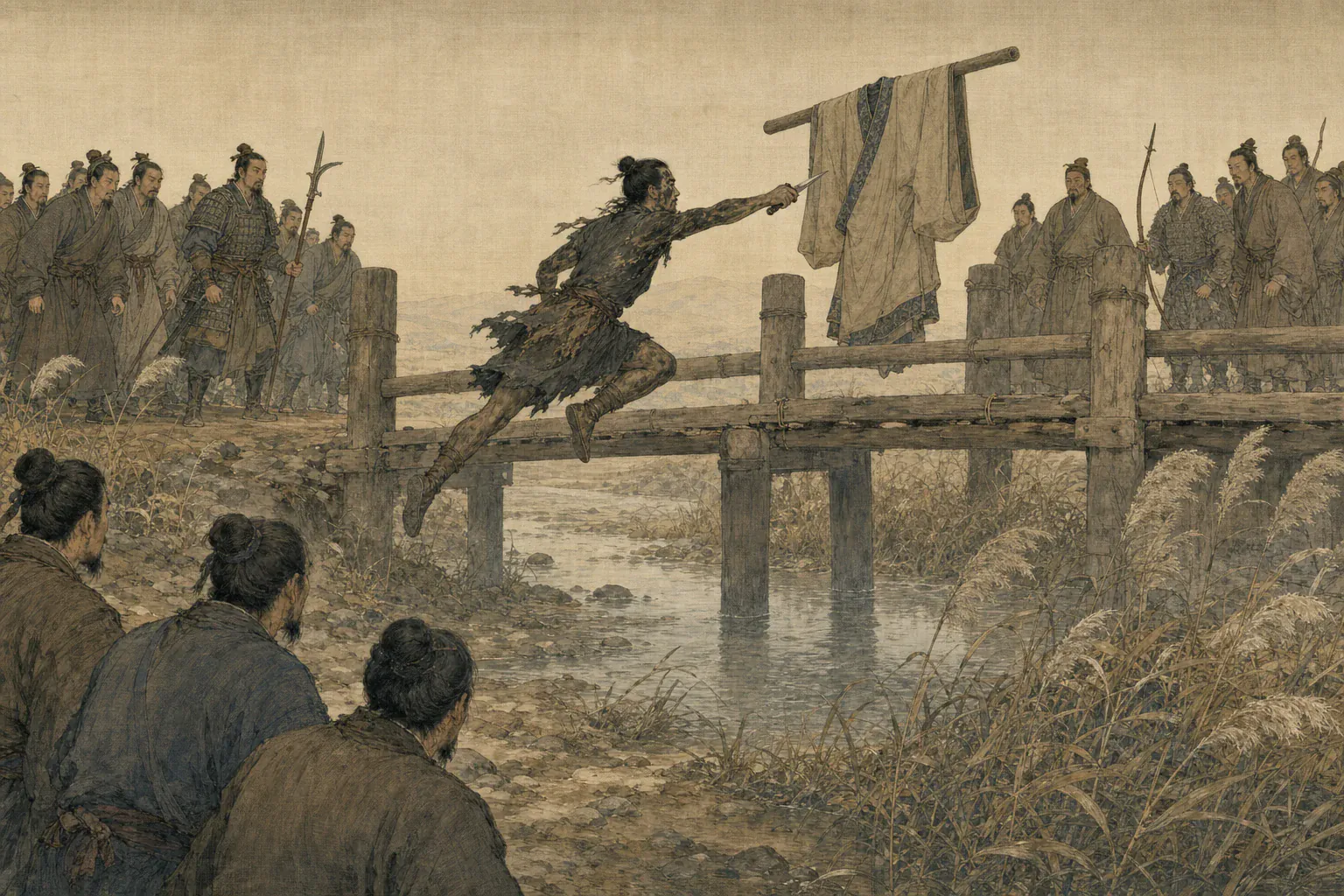 豫让三次跃起刺中赵襄子交出的衣袍，桥上众人屏息注视。
