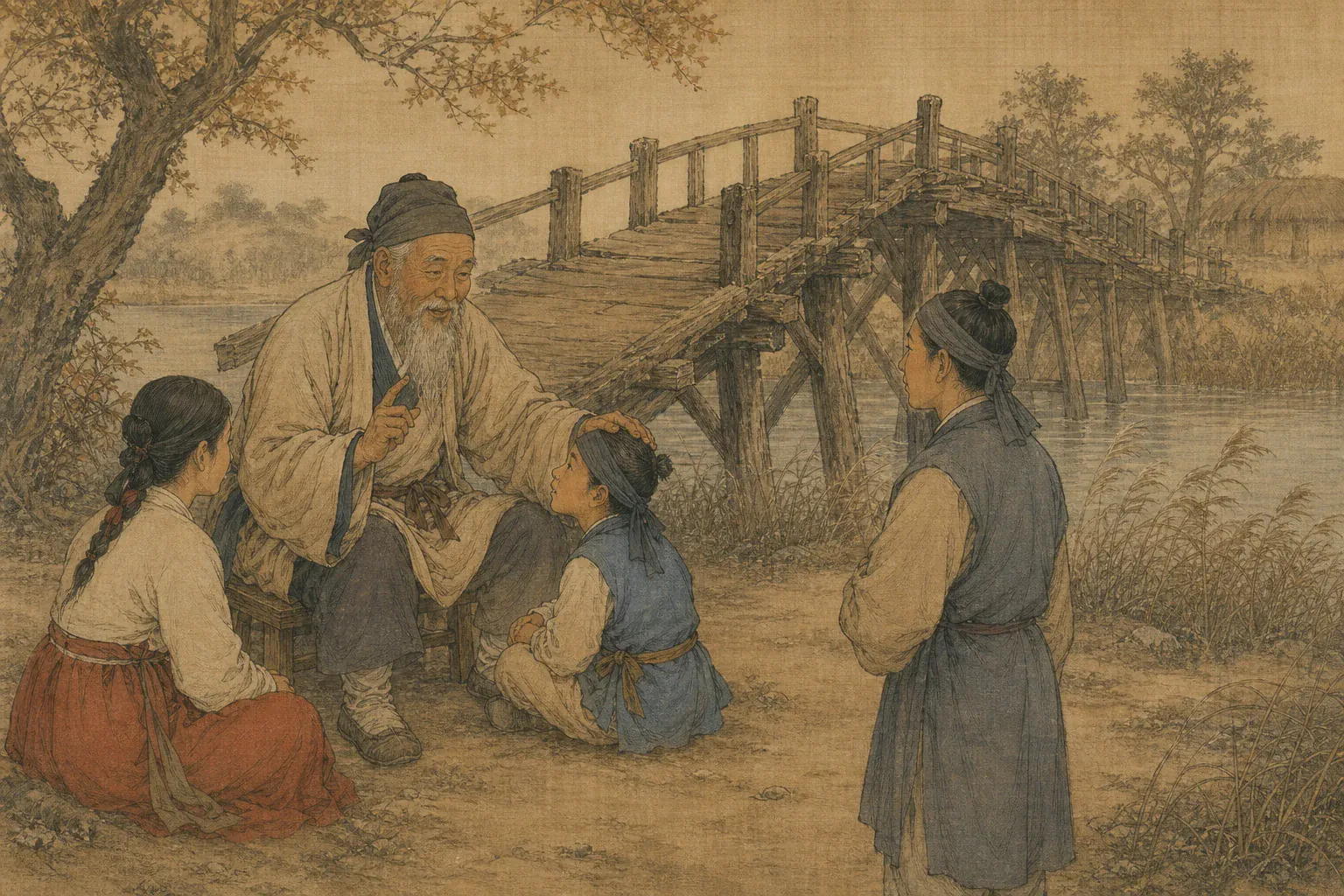 老人坐在豫让桥旁抚摸孩童头顶，讲述知己相报的旧事。