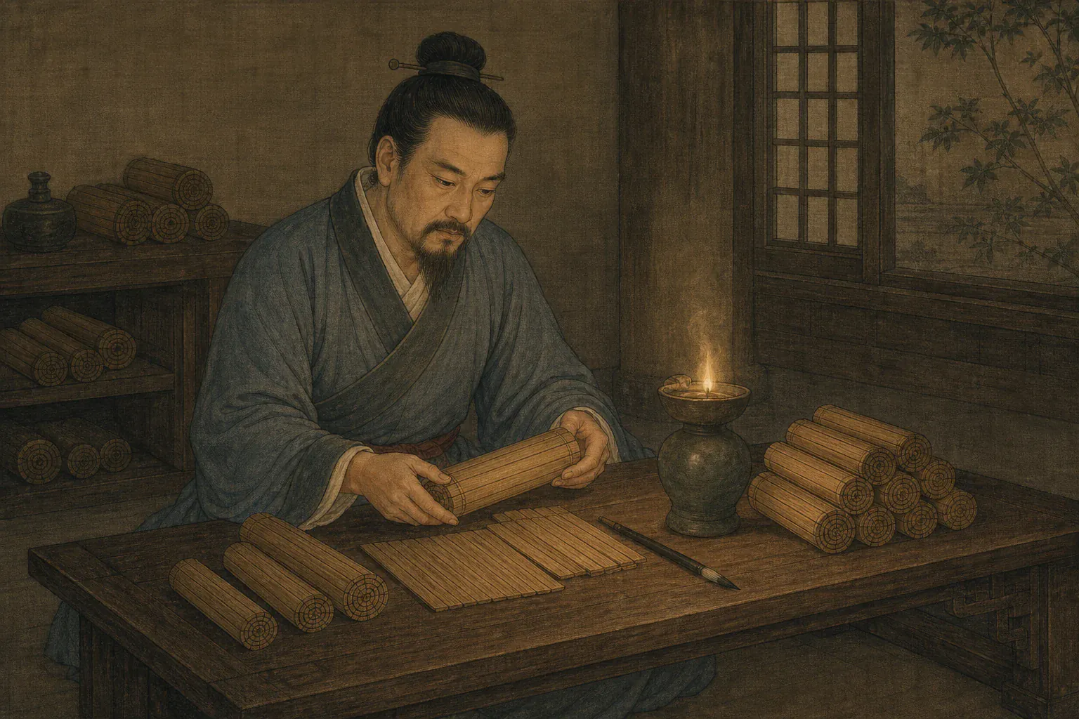 司马迁在灯下整理豫让事迹，案上竹简全部卷起或以无字背面朝外。