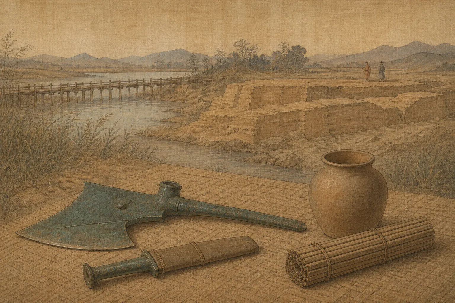 豫让时代遗址、代表性兵器与无字史料器物在本篇核心地貌前分层陈列。