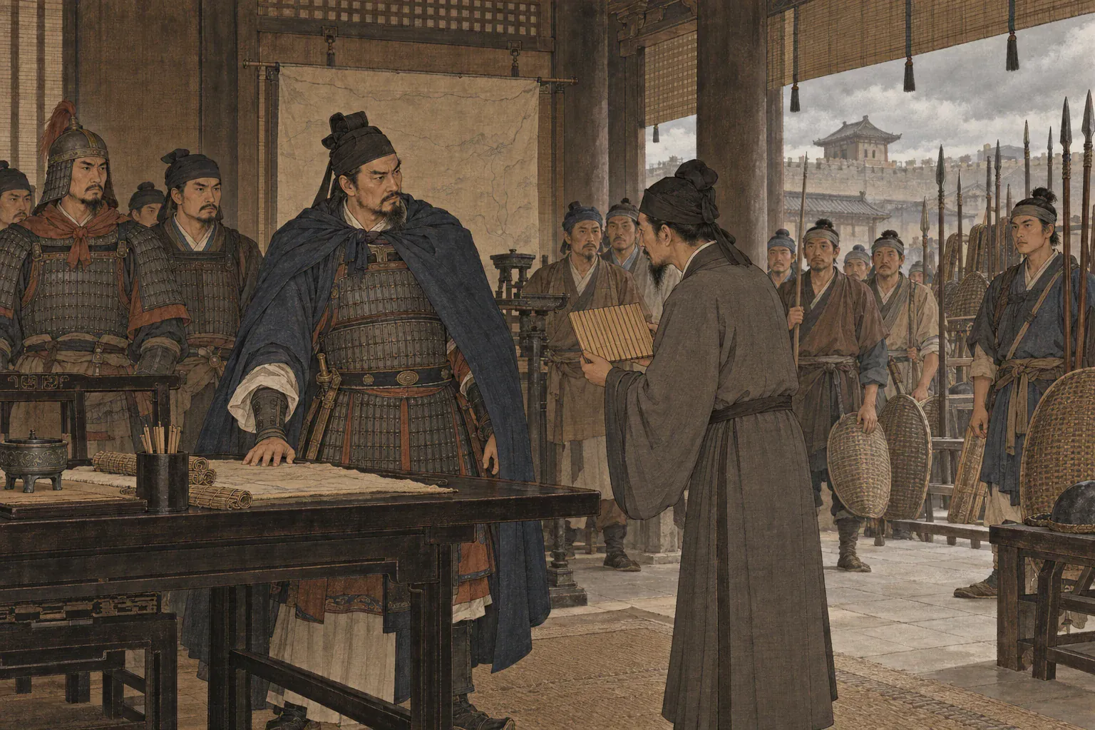 张巡转身询问雍丘守军数量，县吏与民壮在简陋厅堂等待决断。