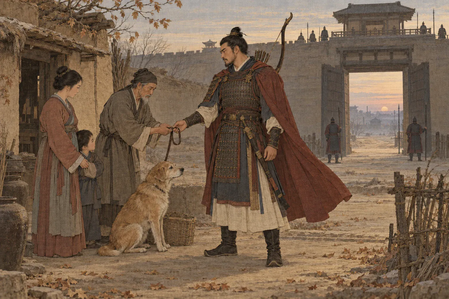 南霁云将老黄狗托付给守城百姓，随后转身走向即将失守的城门。