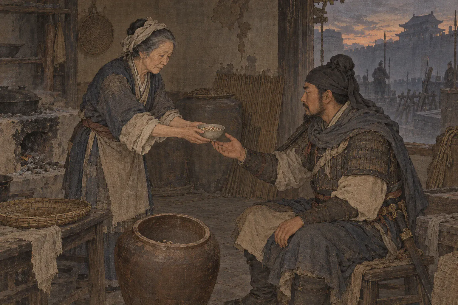 王婆望着见底的米缸，将最后一碗杂粮送到守城士卒手中。