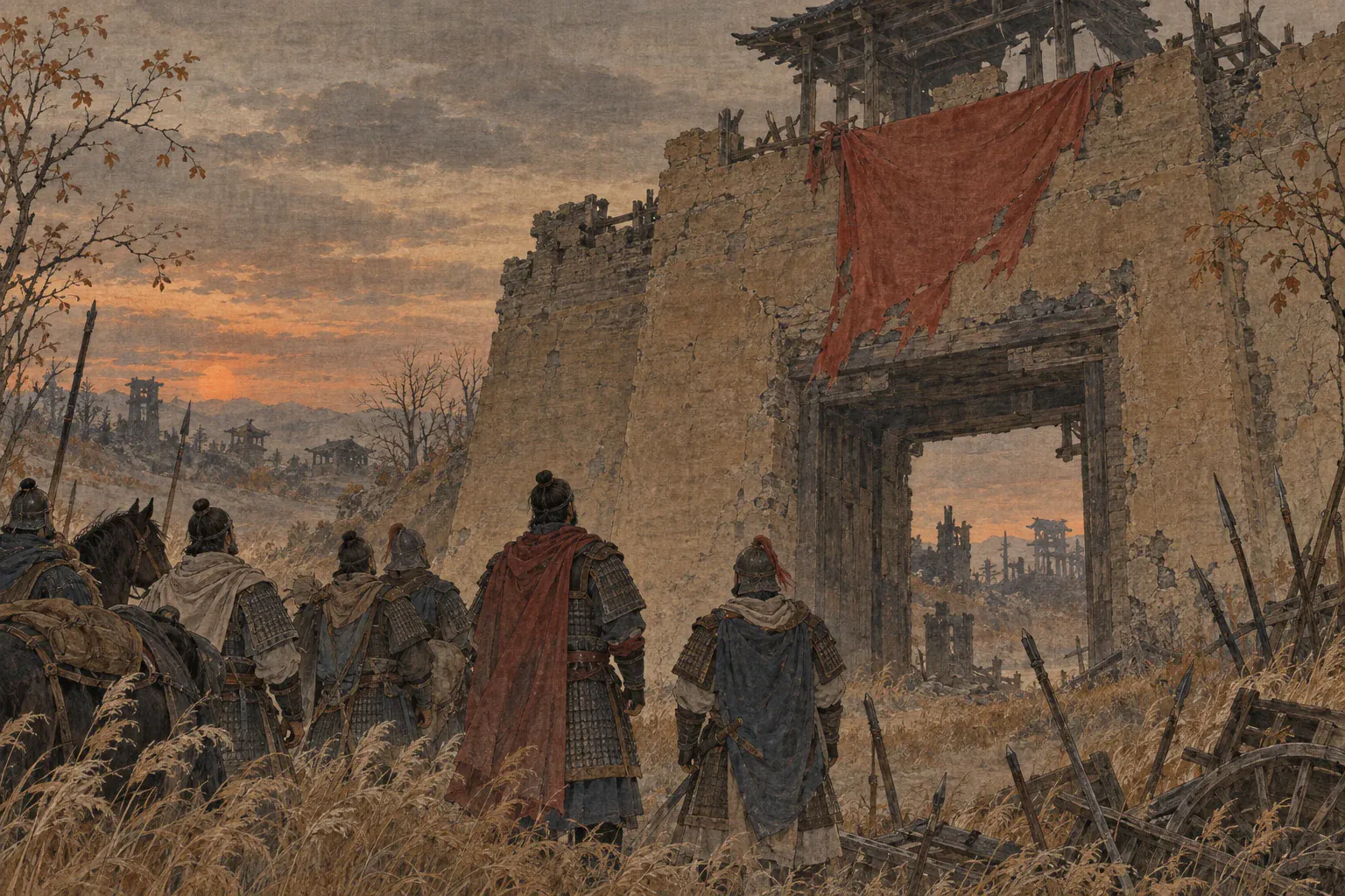 归来的将士站在睢阳破城门外，长久仰望城头残破唐旗。