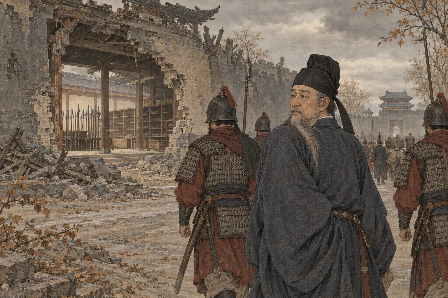 被押的许远回望睢阳残城，空粮仓与弃置兵器显出守城初期的充足。