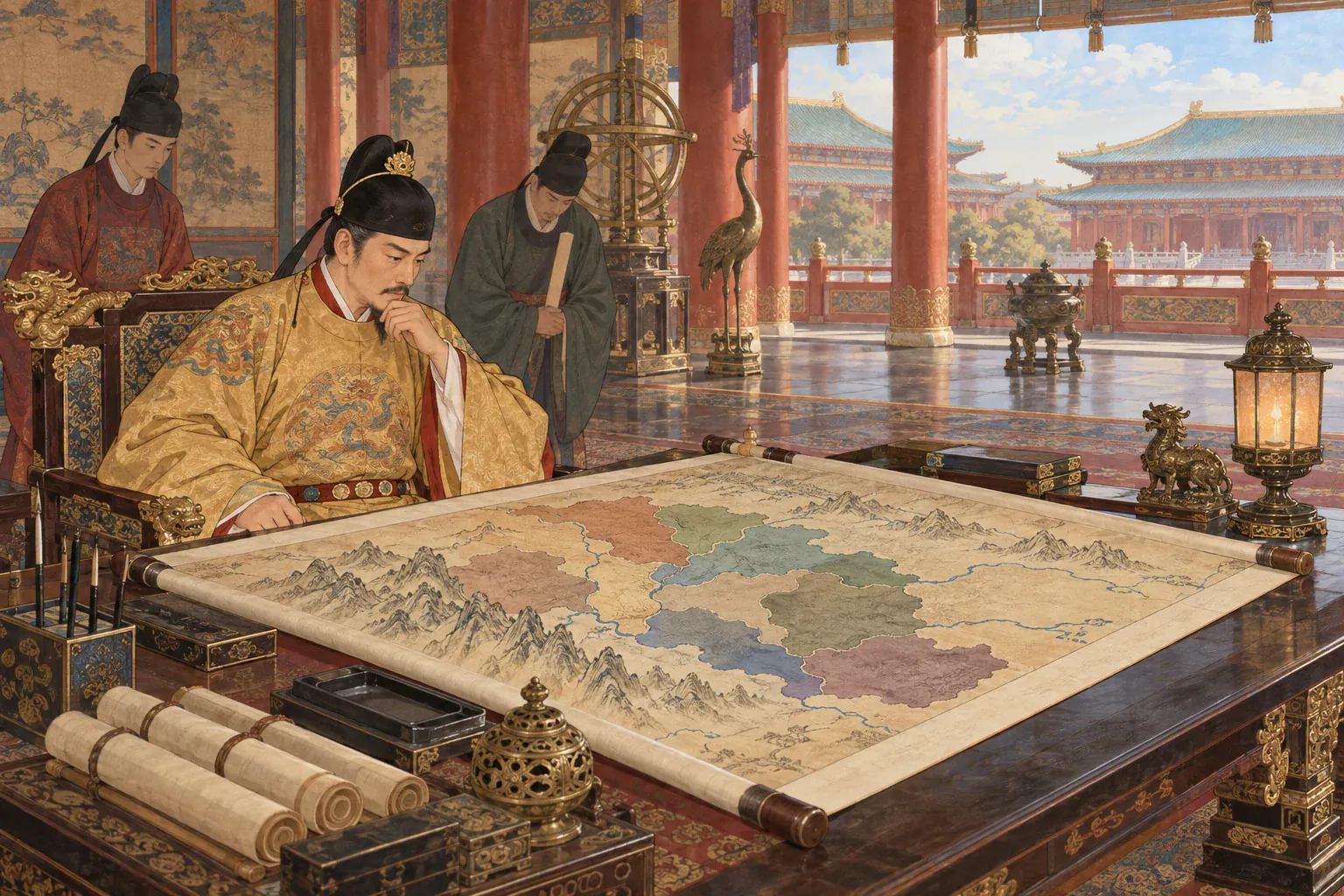 唐宣宗在大明宫御案前查看河西舆图，图面仅有山河轮廓和十一处无字色块。