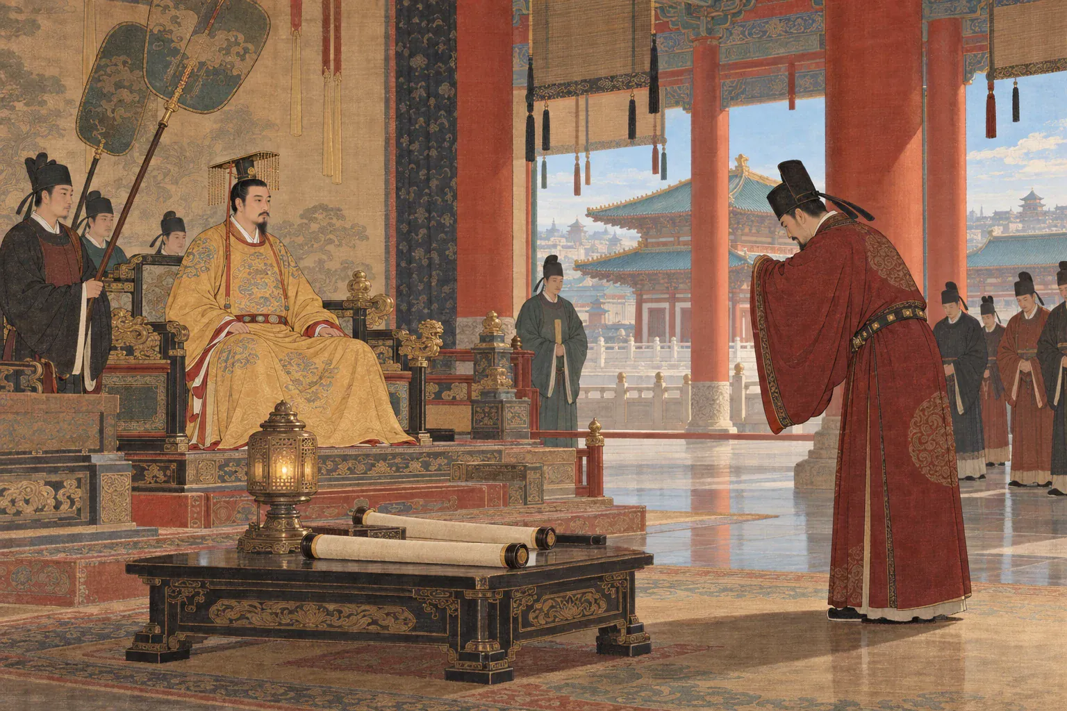 鸿胪寺卿在紫宸殿向唐宣宗禀报张议潮光复河西十一州。